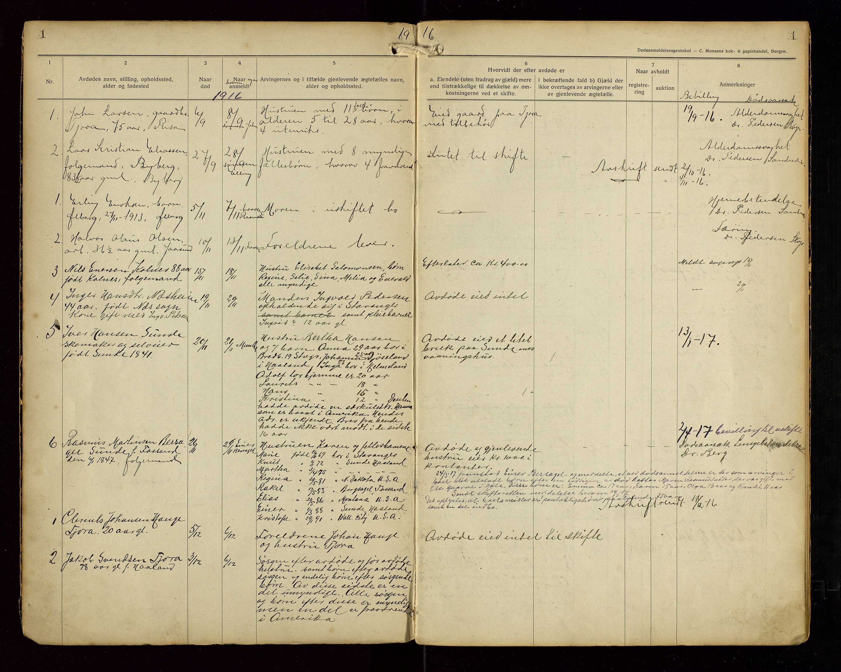 Håland lensmannskontor, AV/SAST-A-100100/Gga/L0002: "Dødsanmeldelser fra 6/9 1916 til 1926 i Haaland", 1916-1926, p. 1