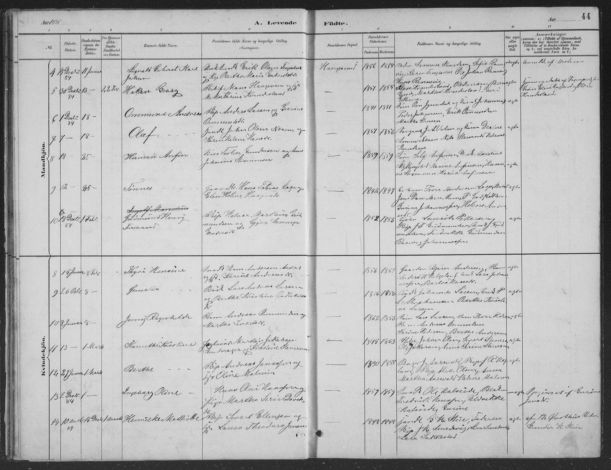 Haugesund sokneprestkontor, AV/SAST-A -101863/H/Ha/Hab/L0002: Parish register (copy) no. B 2, 1881-1894, p. 44