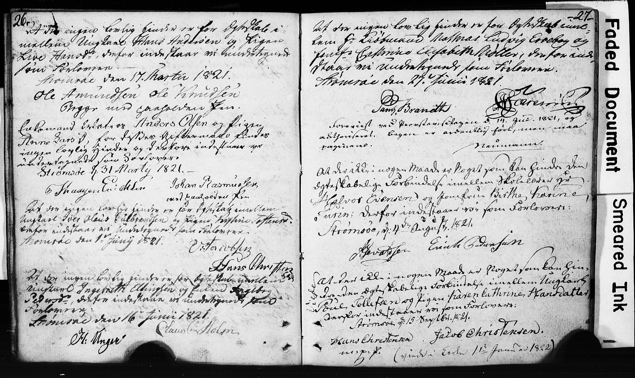 Strømsø kirkebøker, AV/SAKO-A-246/H/Hb/L0002: Best man's statements no. 2, 1815-1857, p. 26-27