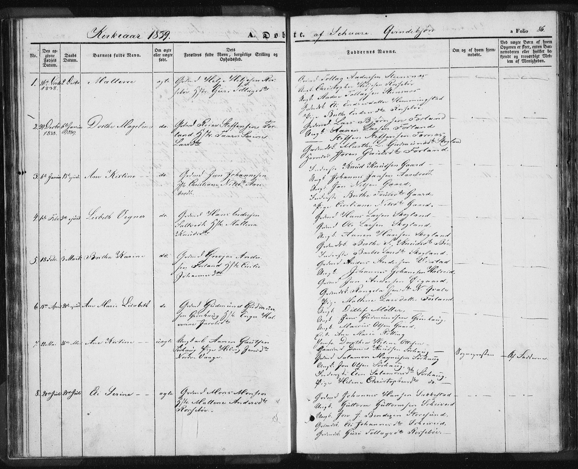 Torvastad sokneprestkontor, SAST/A -101857/H/Ha/Haa/L0006: Parish register (official) no. A 6, 1836-1847, p. 86