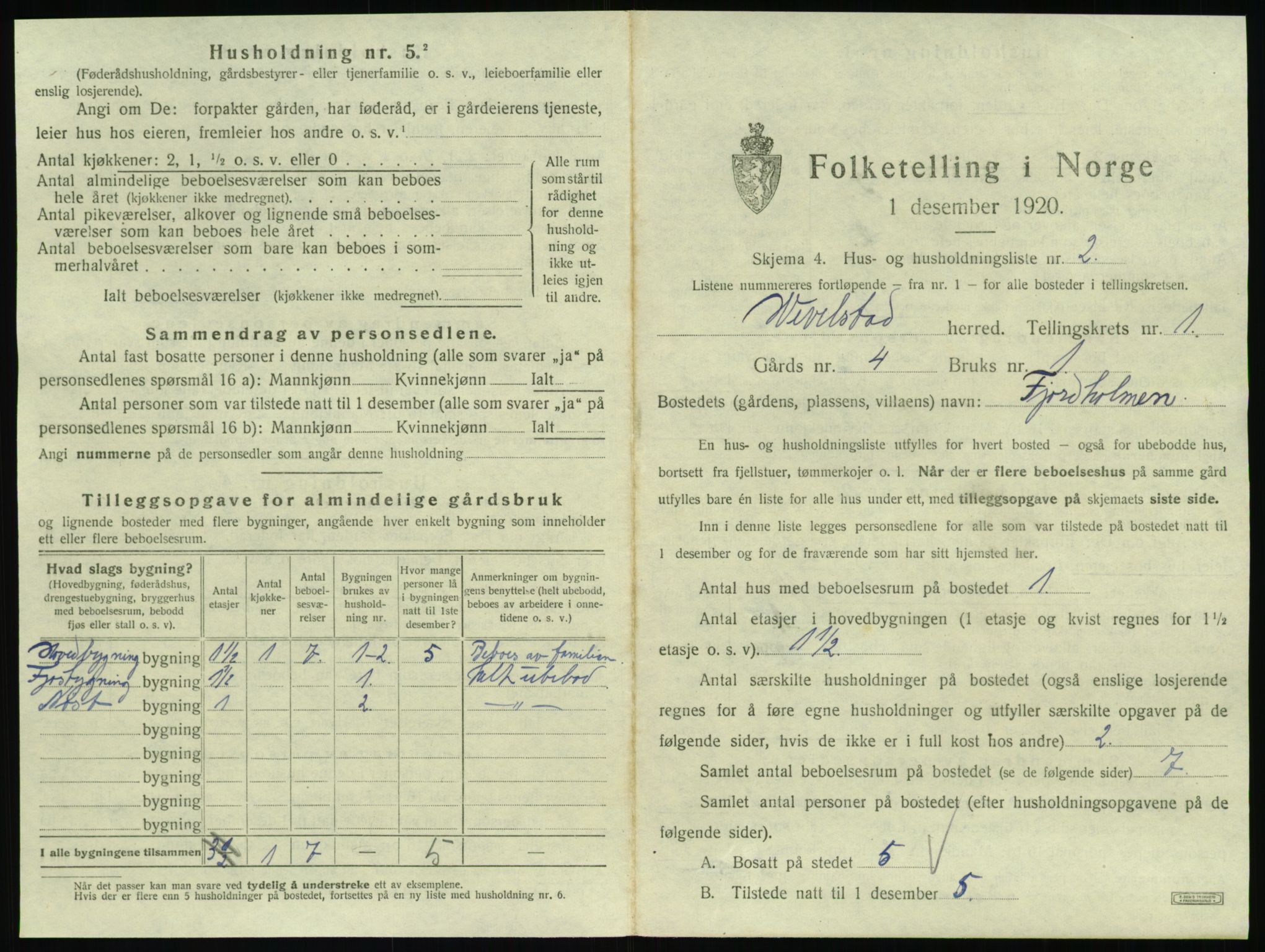 SAT, 1920 census for Vevelstad, 1920, p. 22