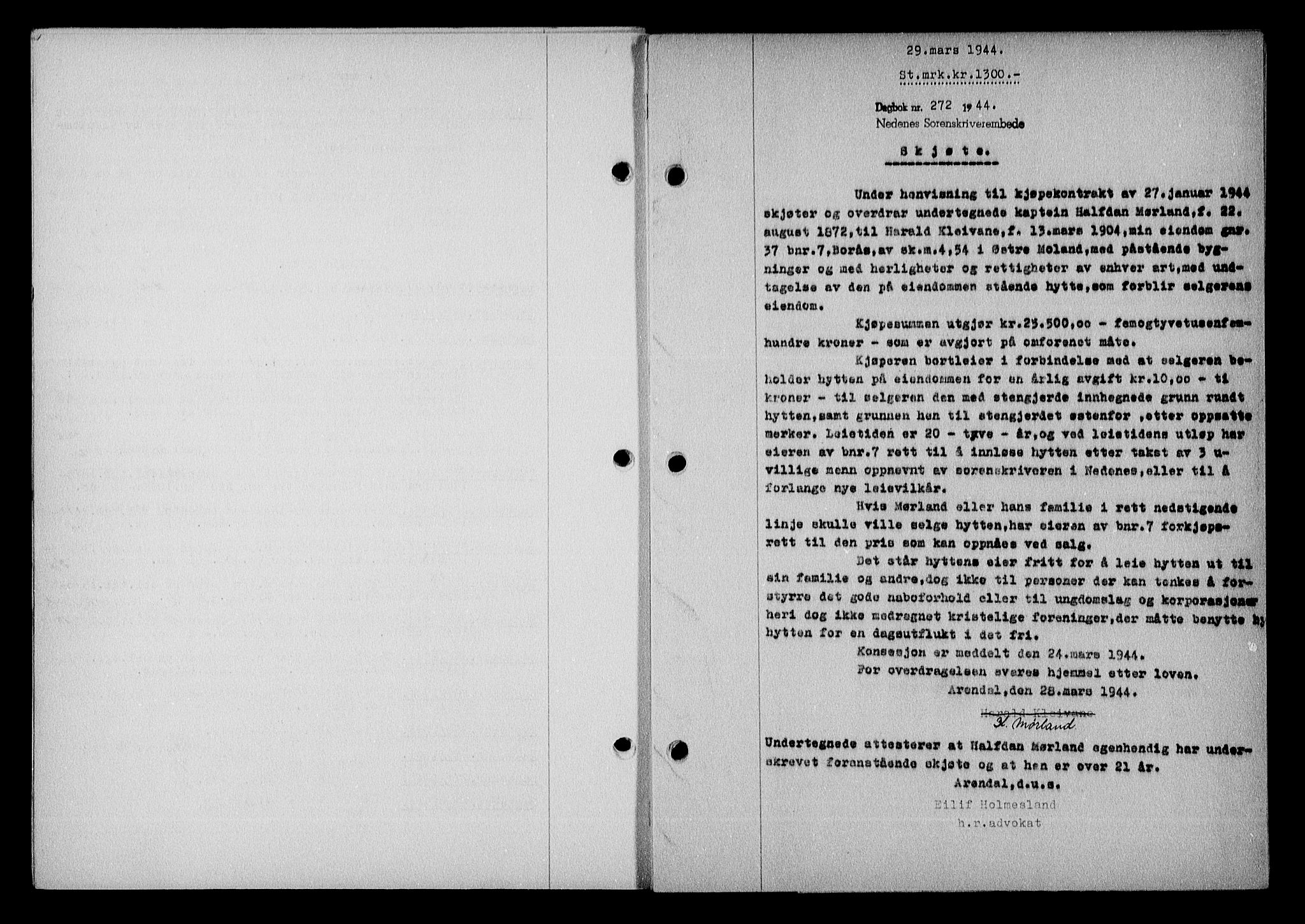 Nedenes sorenskriveri, AV/SAK-1221-0006/G/Gb/Gba/L0051: Mortgage book no. A-V, 1943-1944, Diary no: : 272/1944