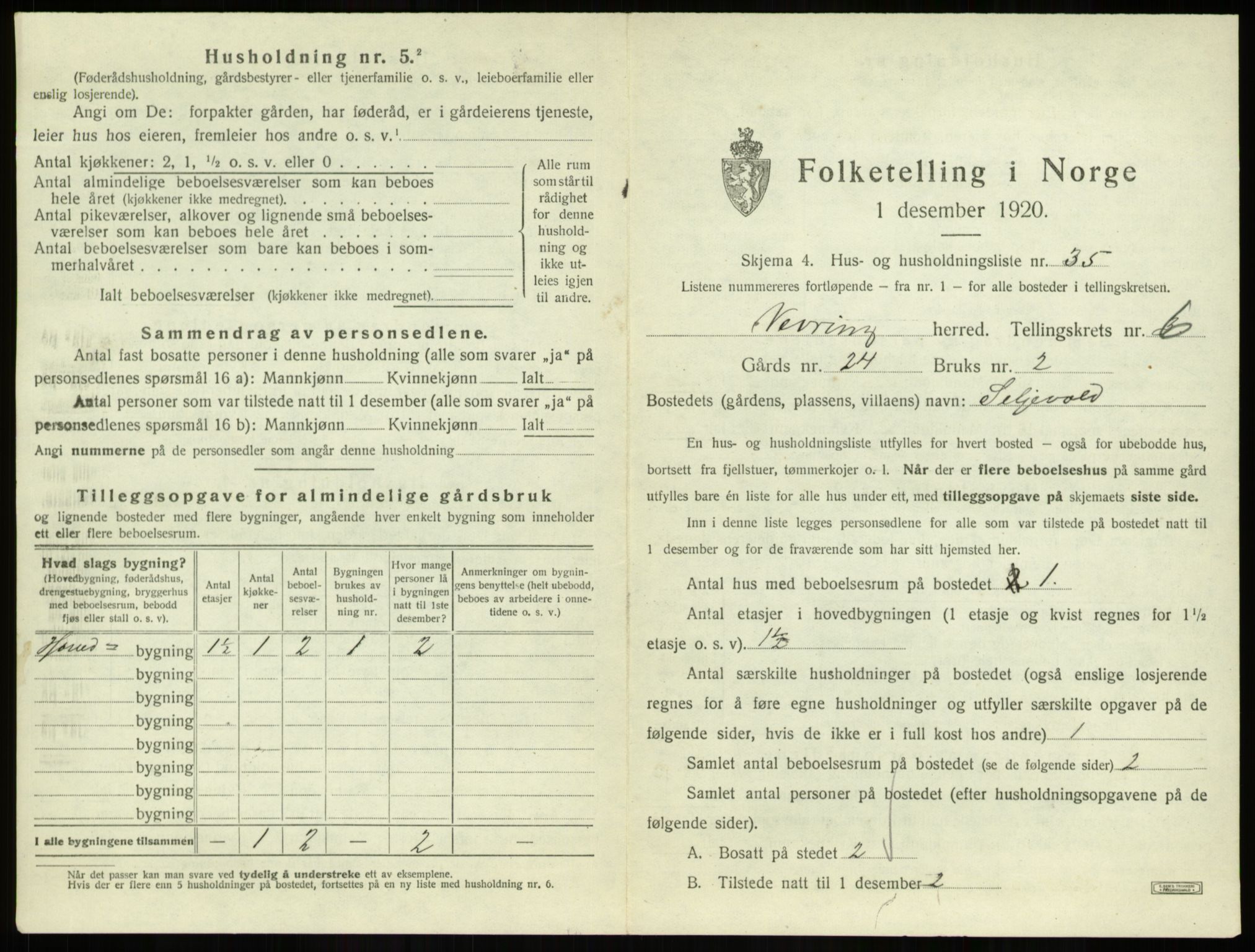 SAB, 1920 census for Vevring, 1920, p. 296