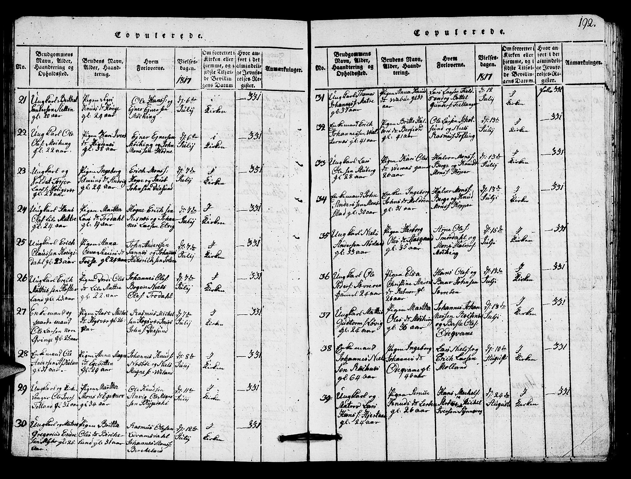 Lindås Sokneprestembete, SAB/A-76701/H/Hab: Parish register (copy) no. A 1, 1816-1823, p. 192