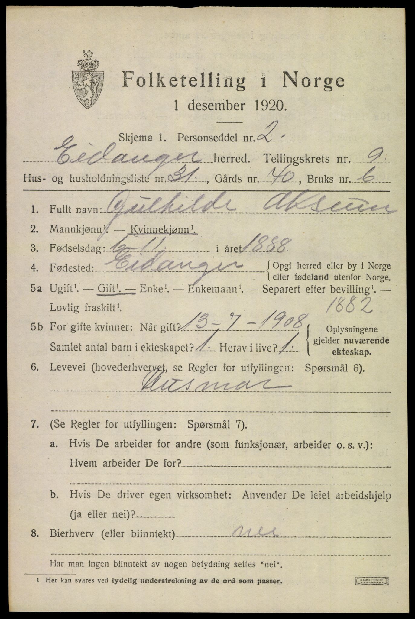 SAKO, 1920 census for Eidanger, 1920, p. 6208