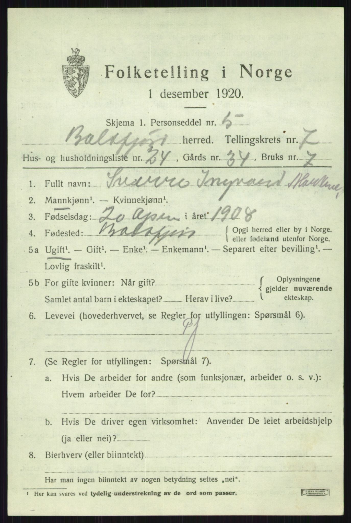 SATØ, 1920 census for Balsfjord, 1920, p. 4486