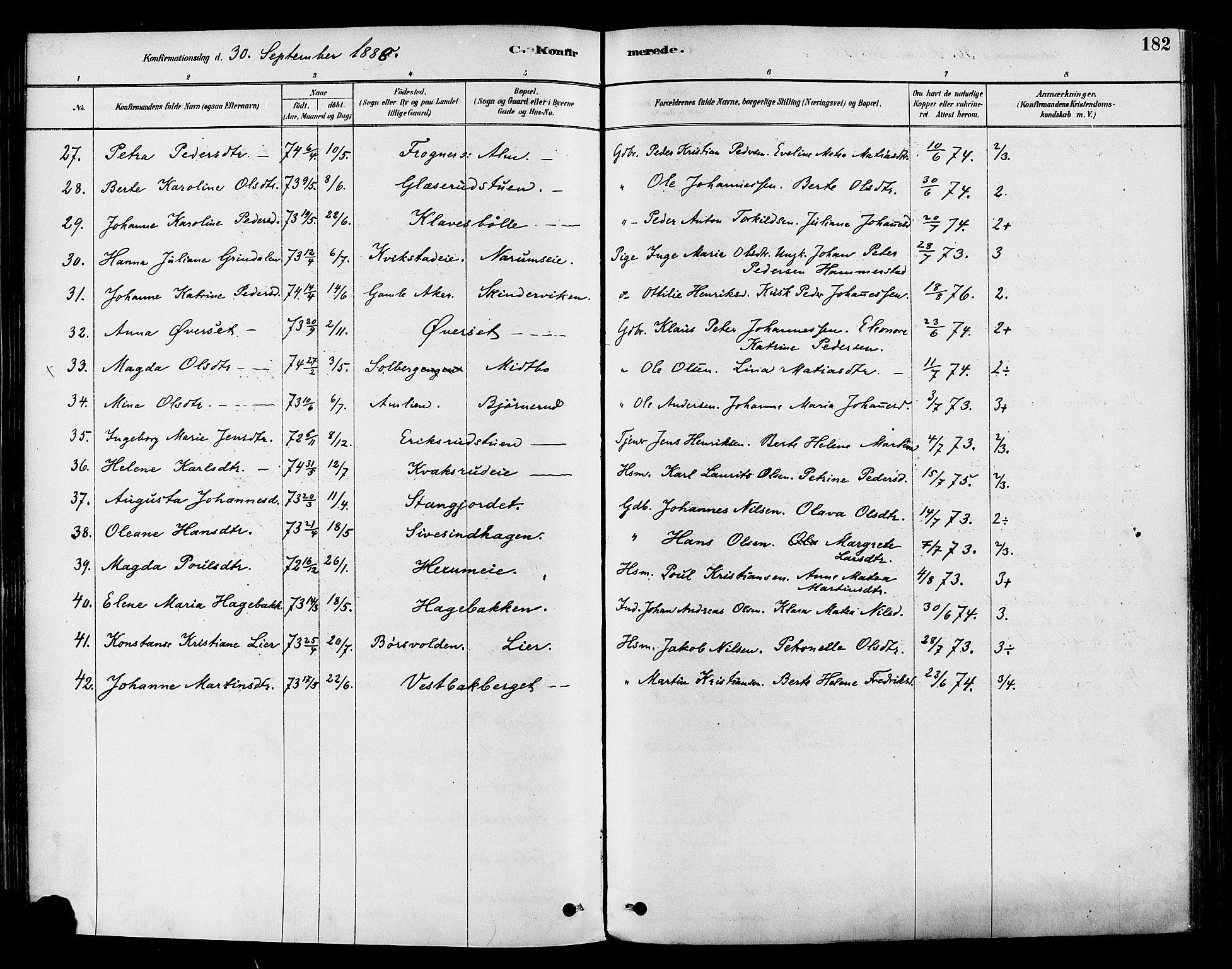 Vestre Toten prestekontor, SAH/PREST-108/H/Ha/Haa/L0009: Parish register (official) no. 9, 1878-1894, p. 182