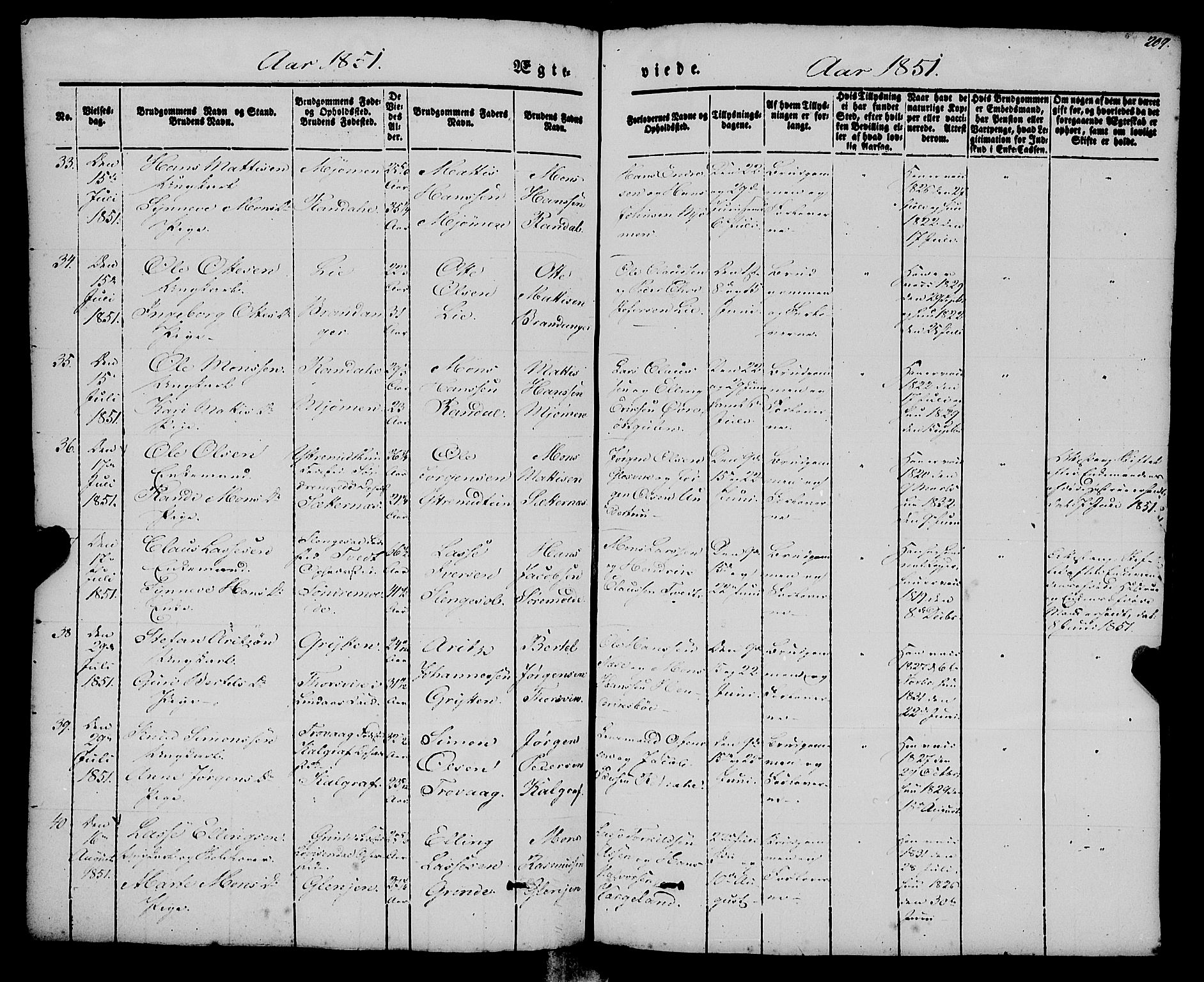 Gulen sokneprestembete, AV/SAB-A-80201/H/Haa/Haaa/L0021: Parish register (official) no. A 21, 1848-1858, p. 209