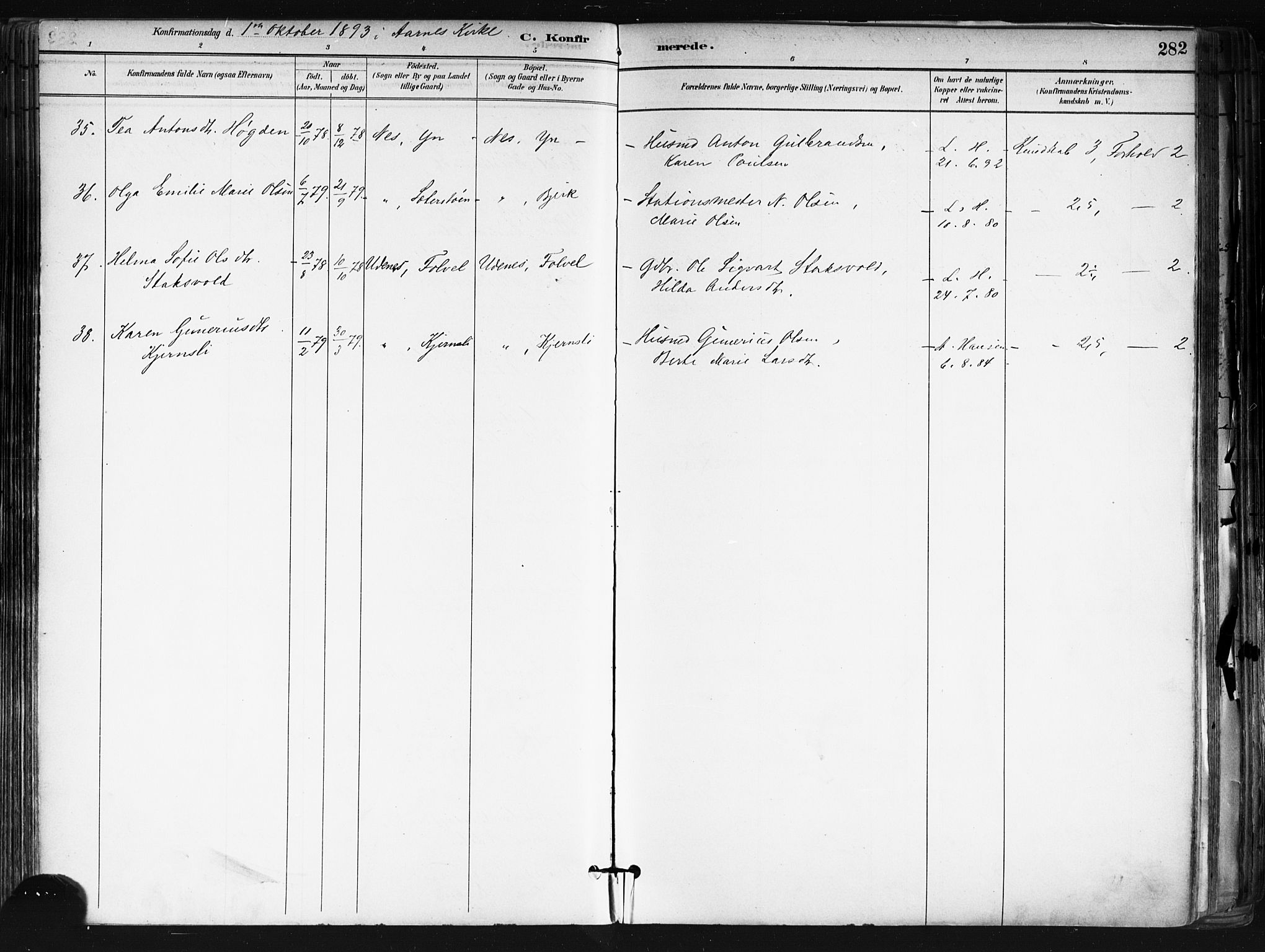 Nes prestekontor Kirkebøker, AV/SAO-A-10410/F/Fa/L0010: Parish register (official) no. I 10, 1883-1898, p. 282