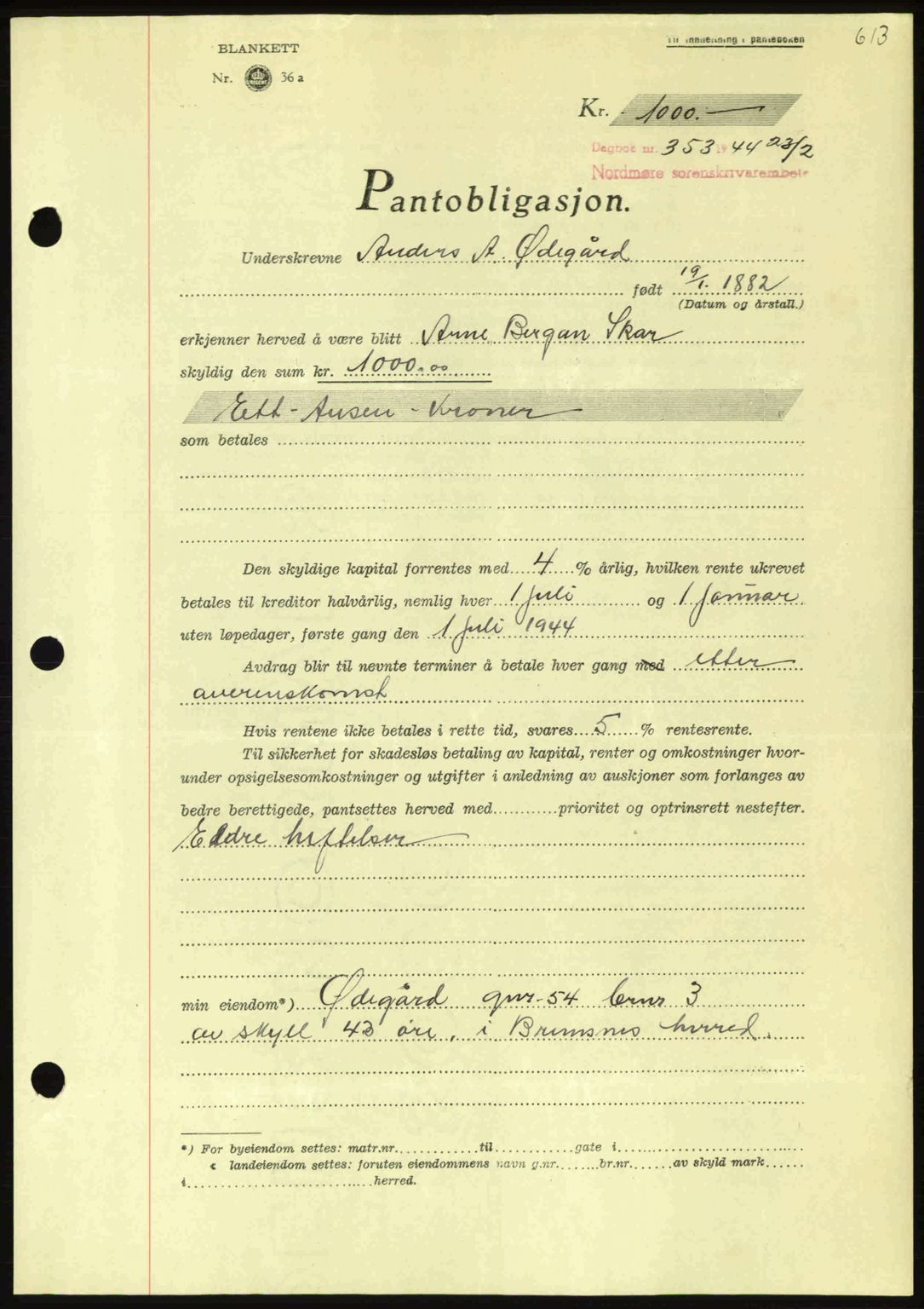 Nordmøre sorenskriveri, AV/SAT-A-4132/1/2/2Ca: Mortgage book no. B91, 1943-1944, Diary no: : 353/1944