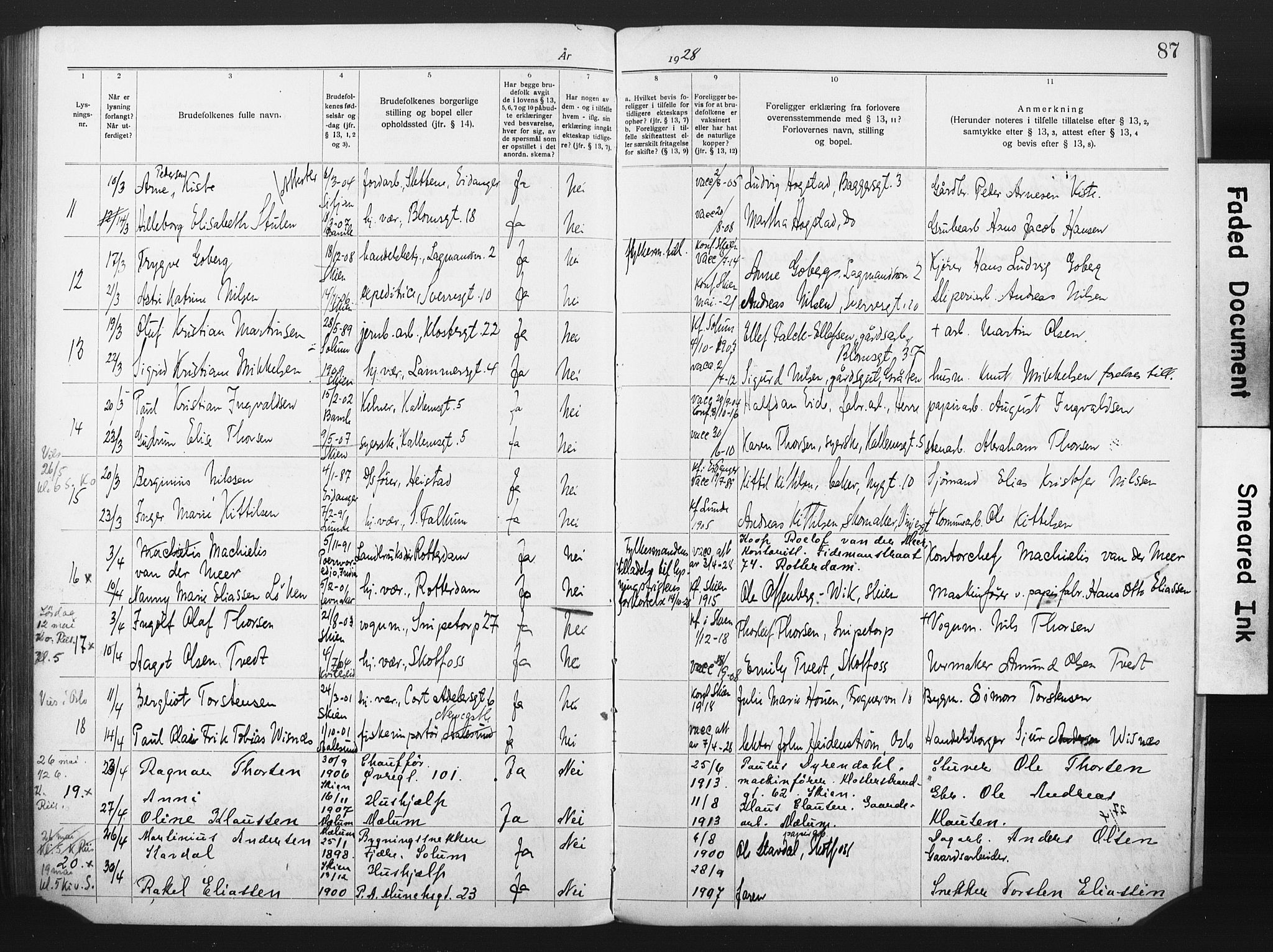 Skien kirkebøker, SAKO/A-302/H/Ha/L0001: Banns register no. 1, 1919-1929, p. 87