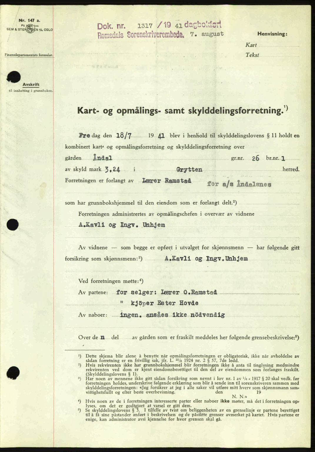 Romsdal sorenskriveri, AV/SAT-A-4149/1/2/2C: Mortgage book no. A10, 1941-1941, Diary no: : 1317/1941