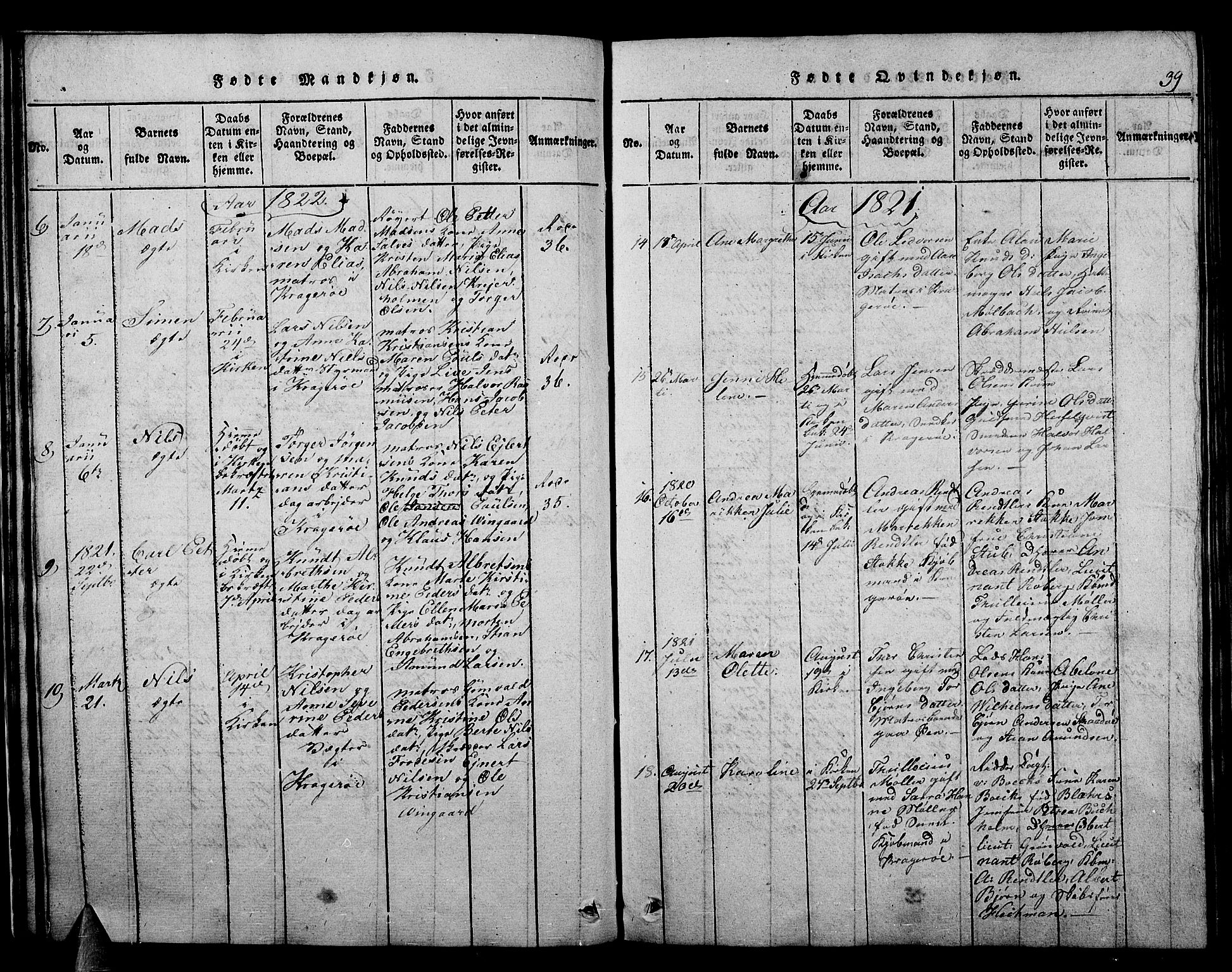 Kragerø kirkebøker, AV/SAKO-A-278/F/Fa/L0004: Parish register (official) no. 4, 1814-1831, p. 39