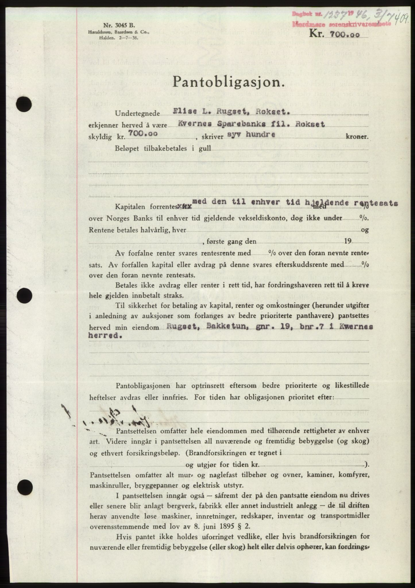 Nordmøre sorenskriveri, AV/SAT-A-4132/1/2/2Ca: Mortgage book no. B94, 1946-1946, Diary no: : 1237/1946