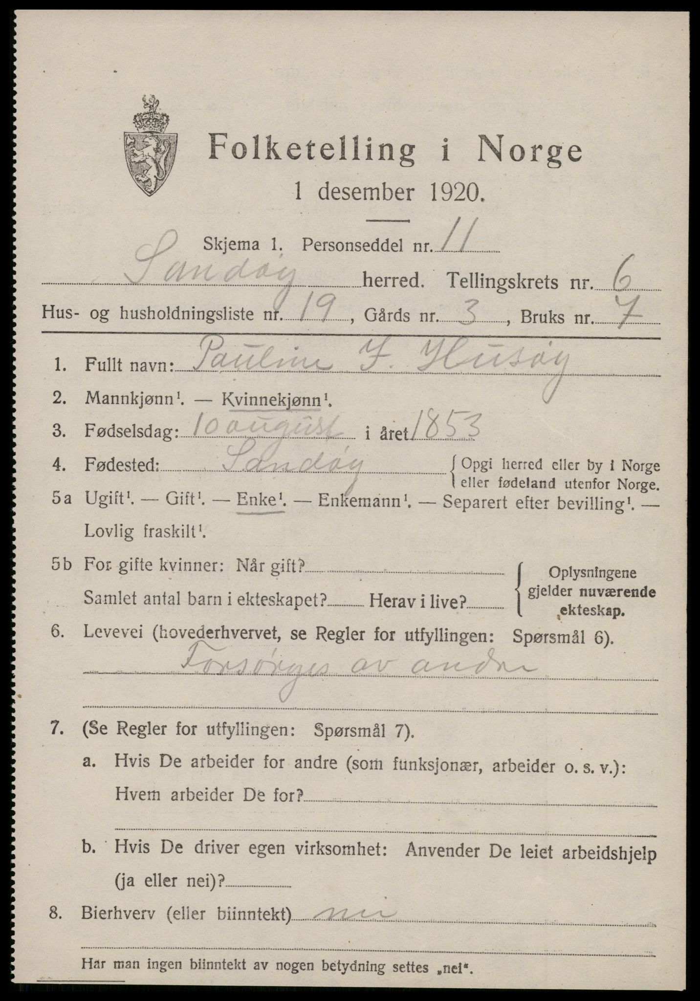 SAT, 1920 census for Sandøy, 1920, p. 2300