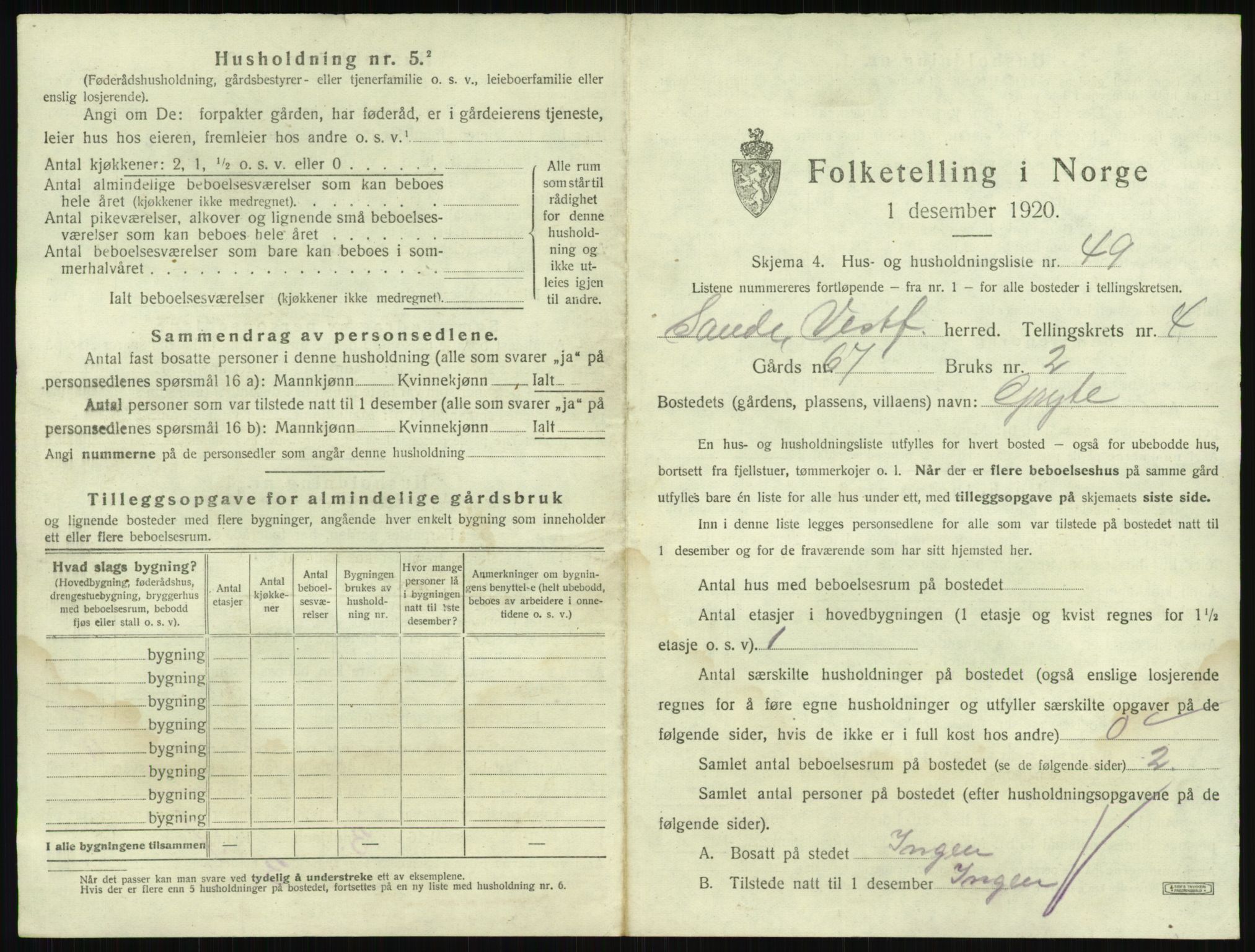 SAKO, 1920 census for Sande, 1920, p. 852