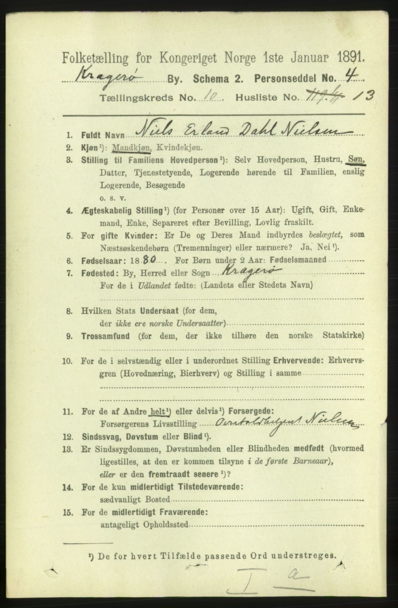 RA, 1891 census for 0801 Kragerø, 1891, p. 3844