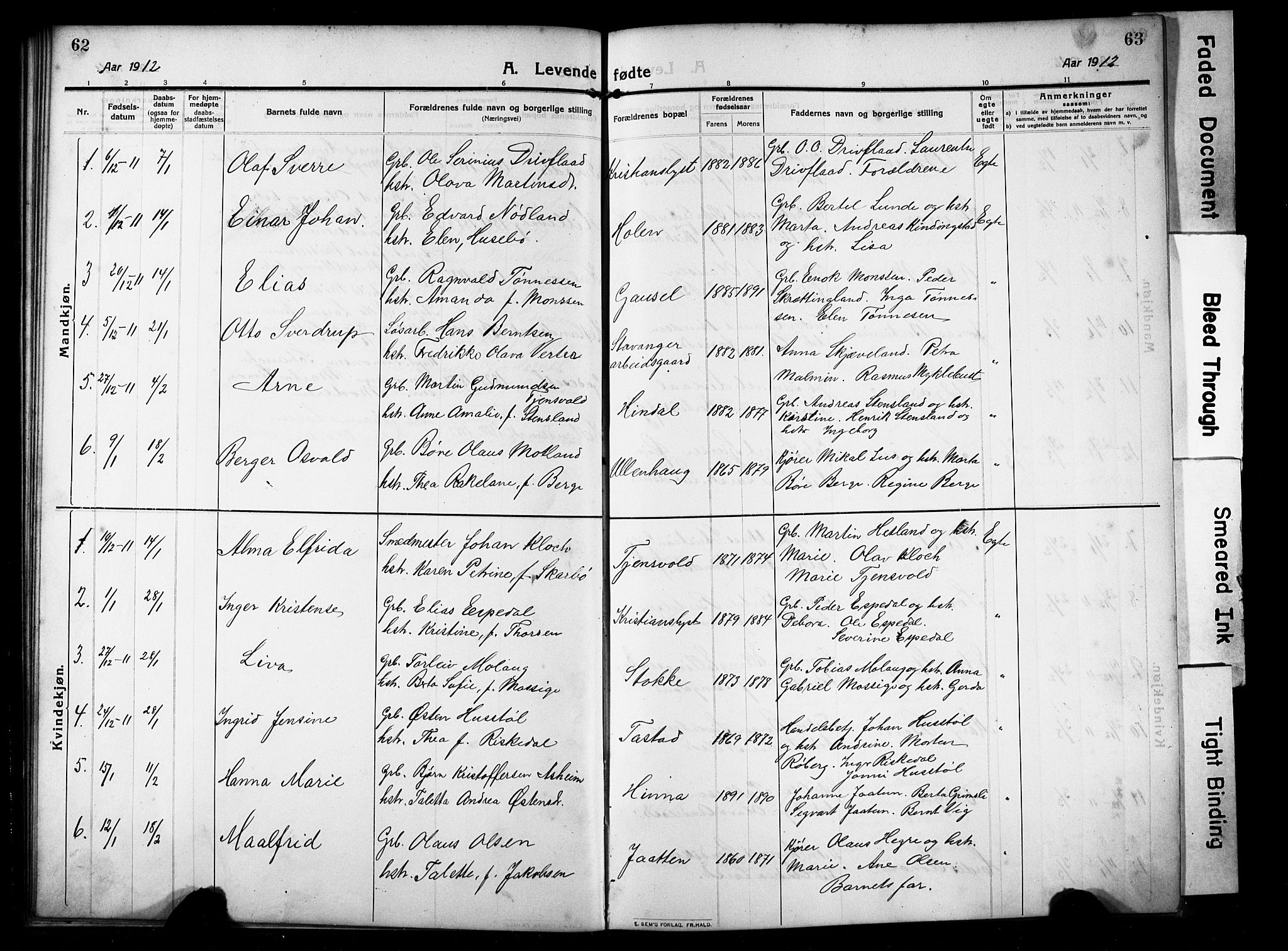 Hetland sokneprestkontor, SAST/A-101826/30/30BB/L0008: Parish register (copy) no. B 8, 1910-1921, p. 62-63
