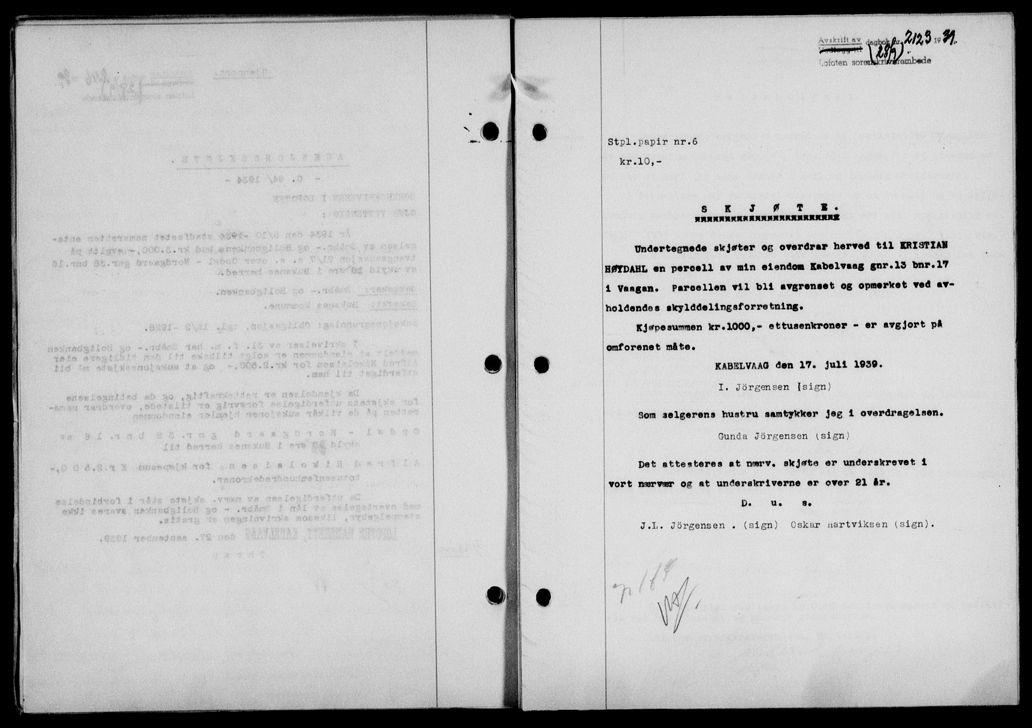 Lofoten sorenskriveri, SAT/A-0017/1/2/2C/L0006a: Mortgage book no. 6a, 1939-1939, Diary no: : 2123/1939
