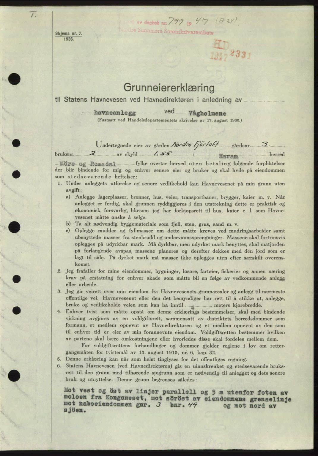 Nordre Sunnmøre sorenskriveri, AV/SAT-A-0006/1/2/2C/2Ca: Mortgage book no. A24, 1947-1947, Diary no: : 799/1947