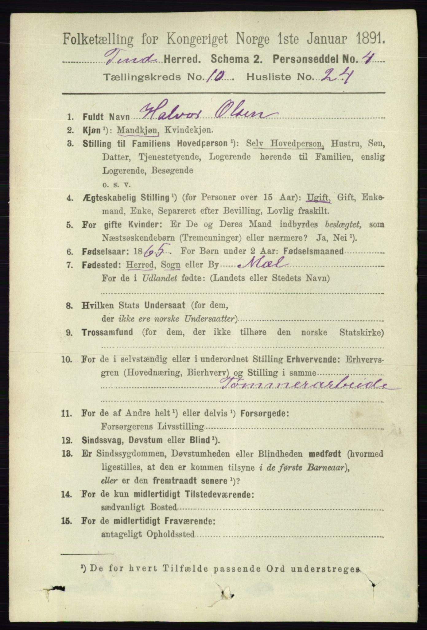 RA, 1891 census for 0826 Tinn, 1891, p. 2090