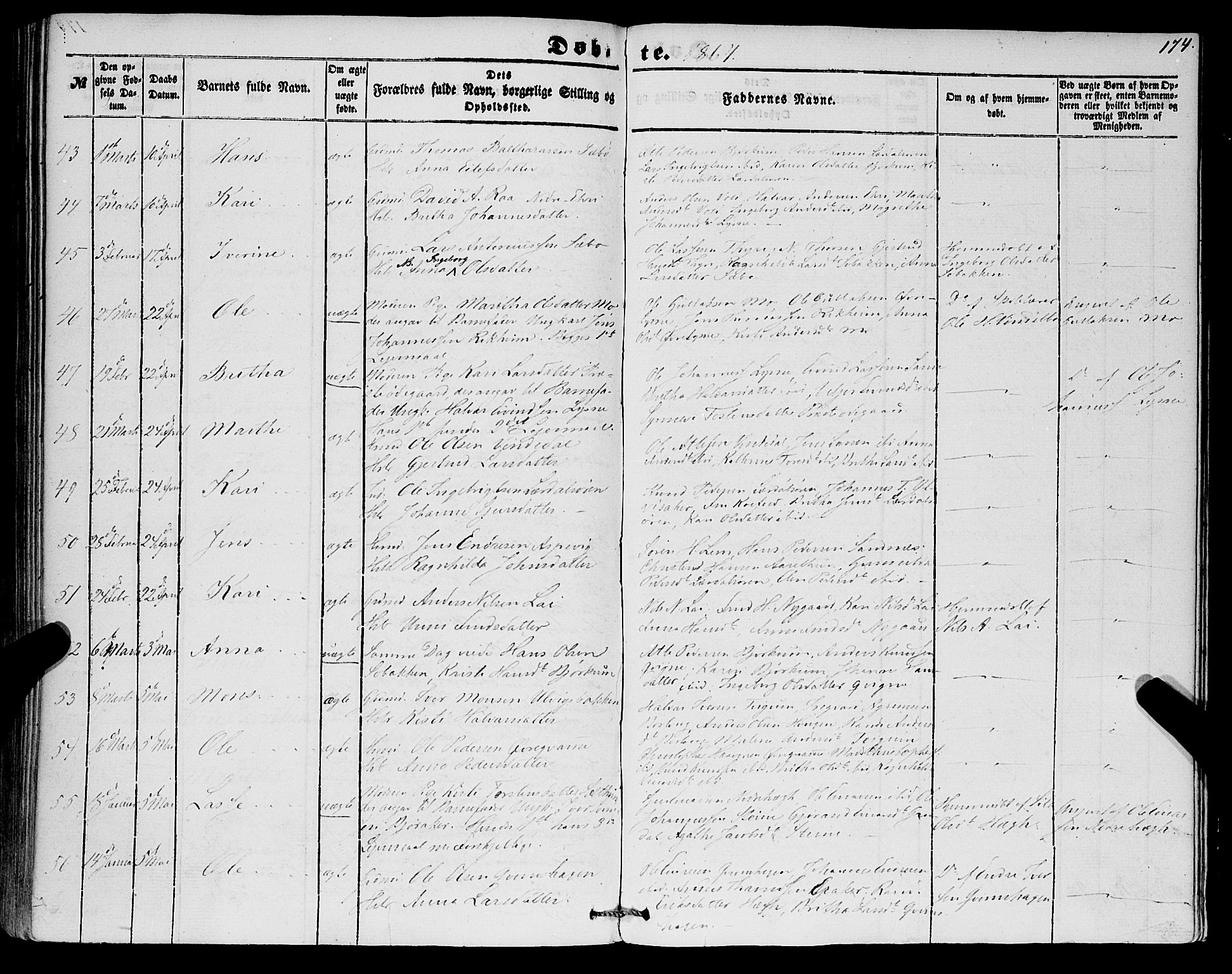 Lærdal sokneprestembete, SAB/A-81201: Parish register (official) no. A 11, 1850-1866, p. 174