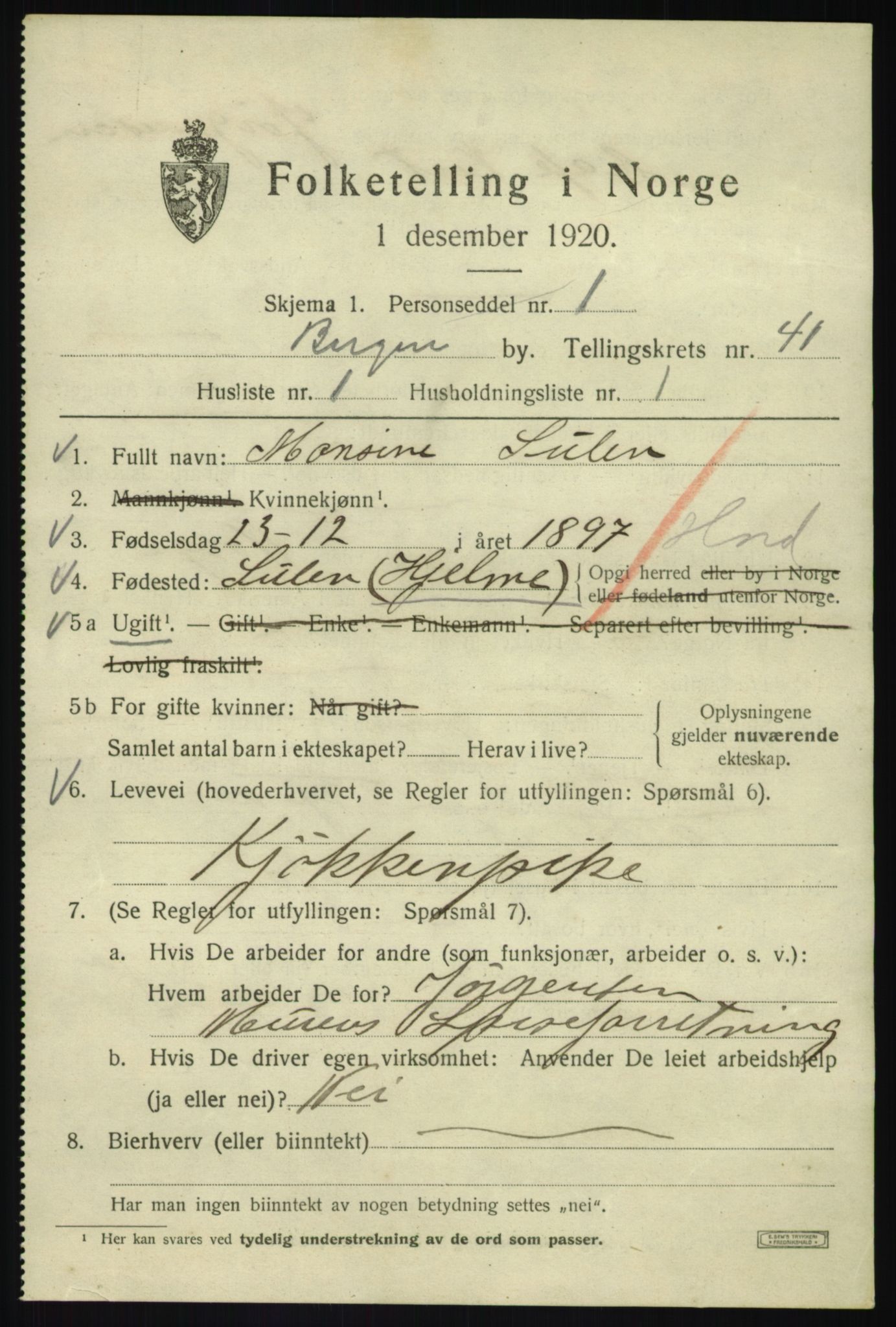 SAB, 1920 census for Bergen, 1920, p. 109220