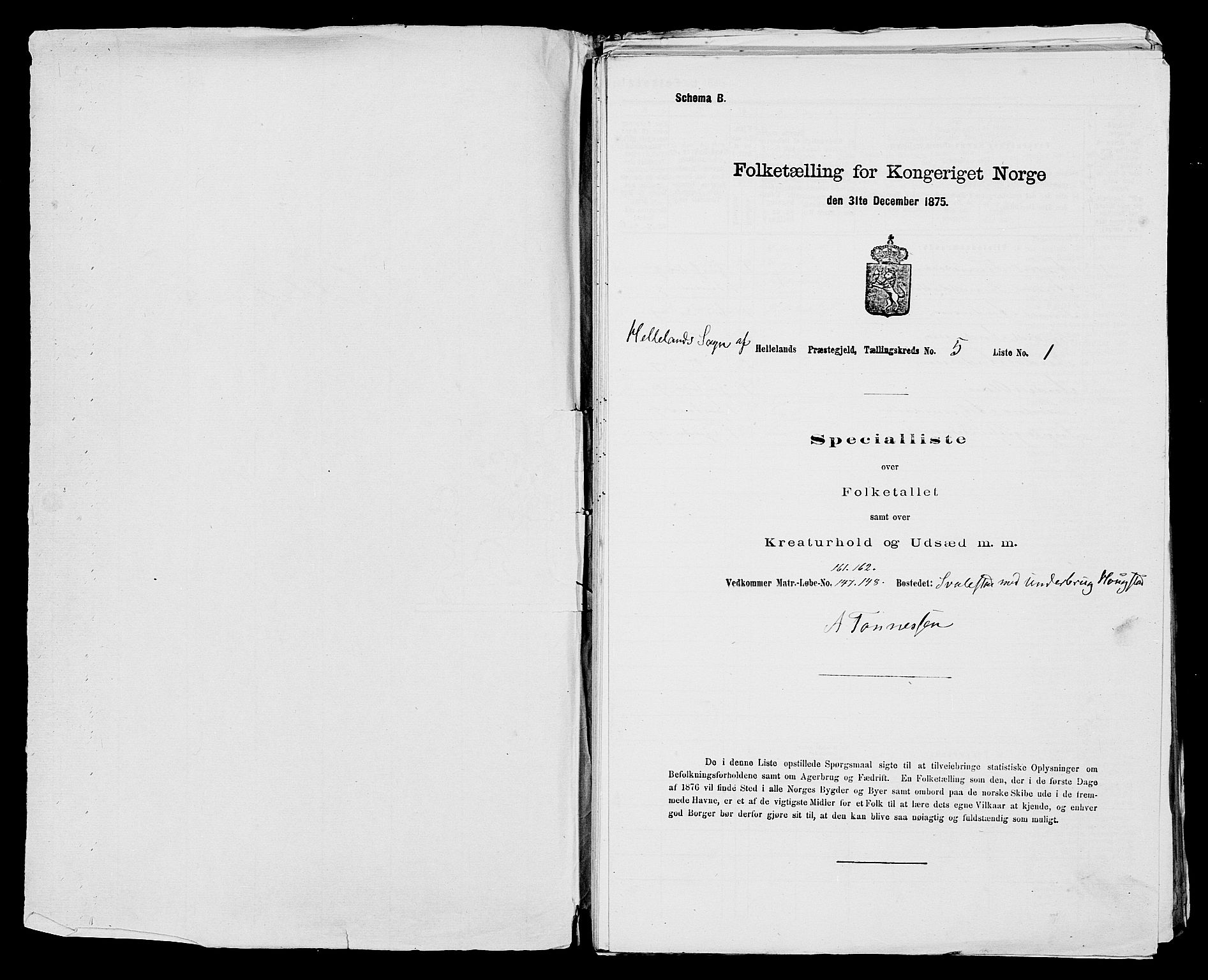 SAST, 1875 census for 1115P Helleland, 1875, p. 414