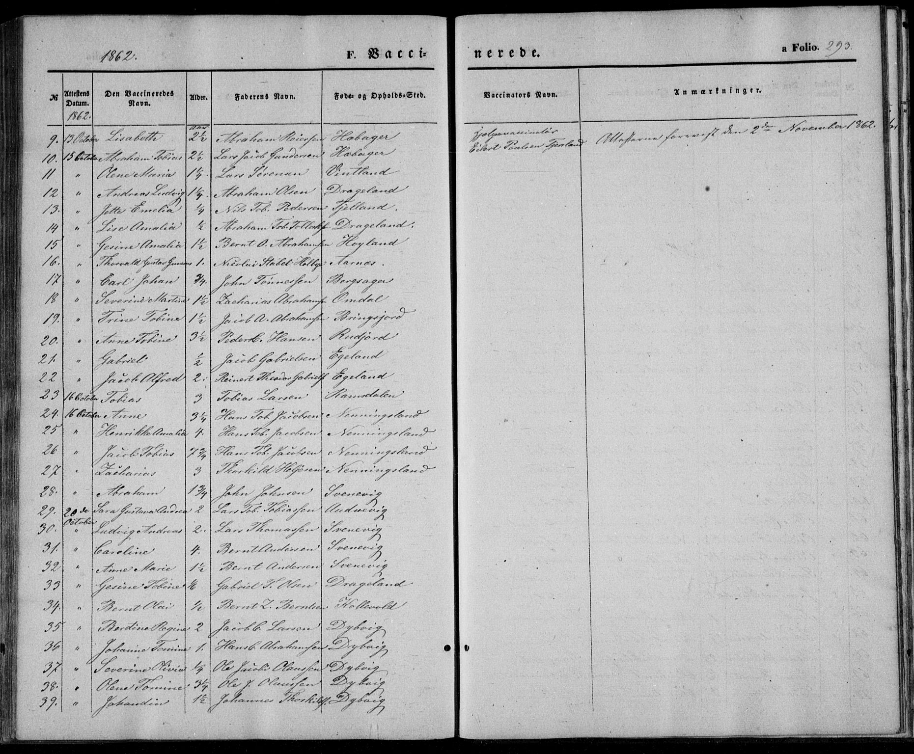 Lyngdal sokneprestkontor, SAK/1111-0029/F/Fa/Fac/L0009: Parish register (official) no. A 9, 1852-1864, p. 293