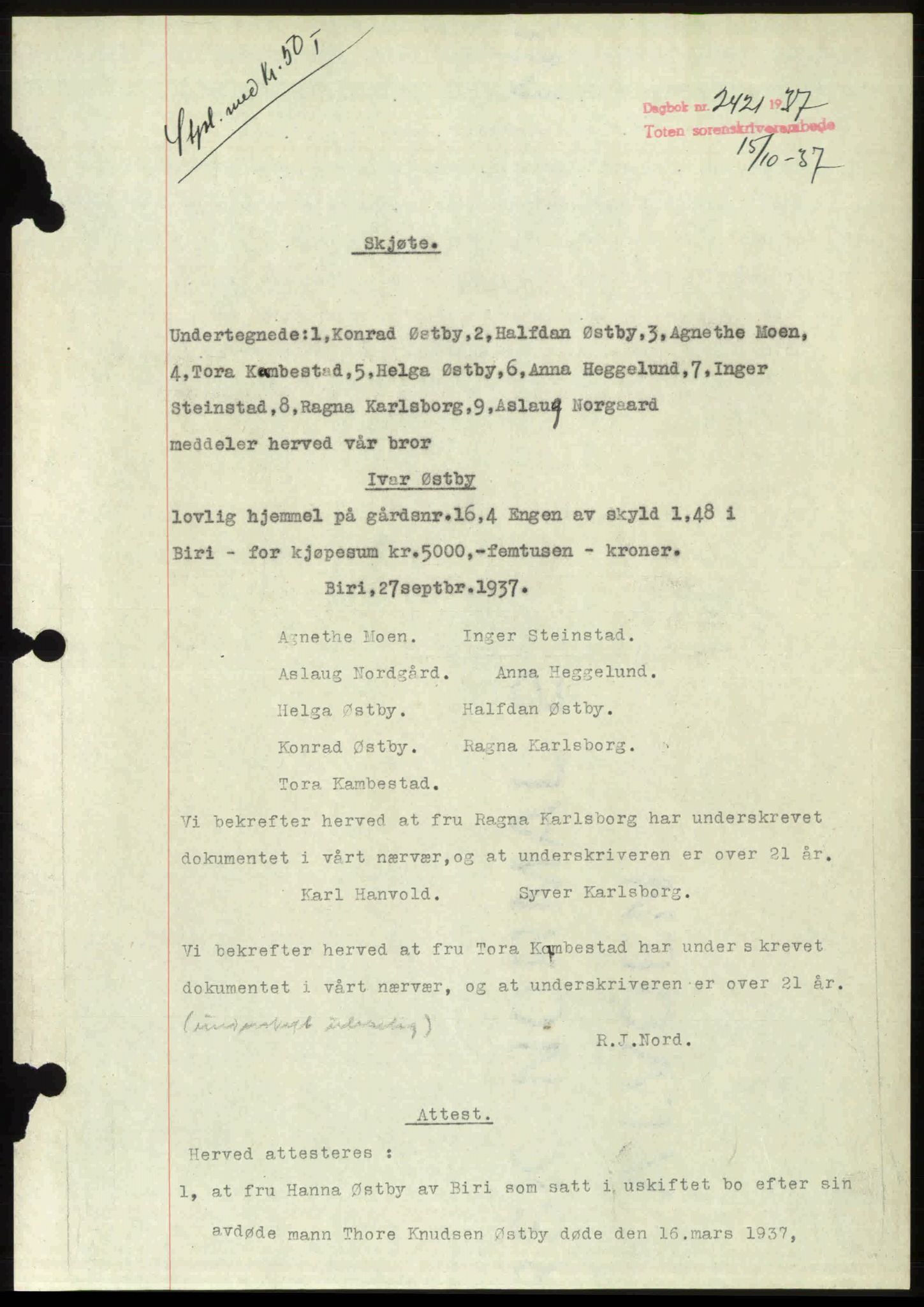 Toten tingrett, SAH/TING-006/H/Hb/Hbc/L0003: Mortgage book no. Hbc-03, 1937-1938, Diary no: : 2421/1937