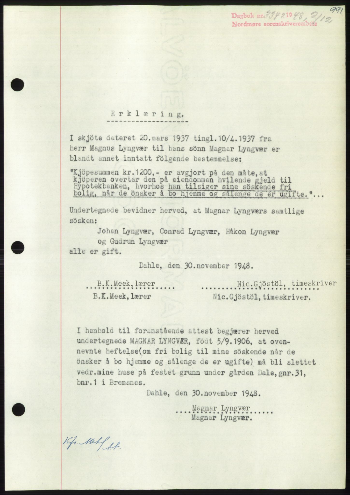 Nordmøre sorenskriveri, AV/SAT-A-4132/1/2/2Ca: Mortgage book no. B100, 1948-1949, Diary no: : 3342/1948