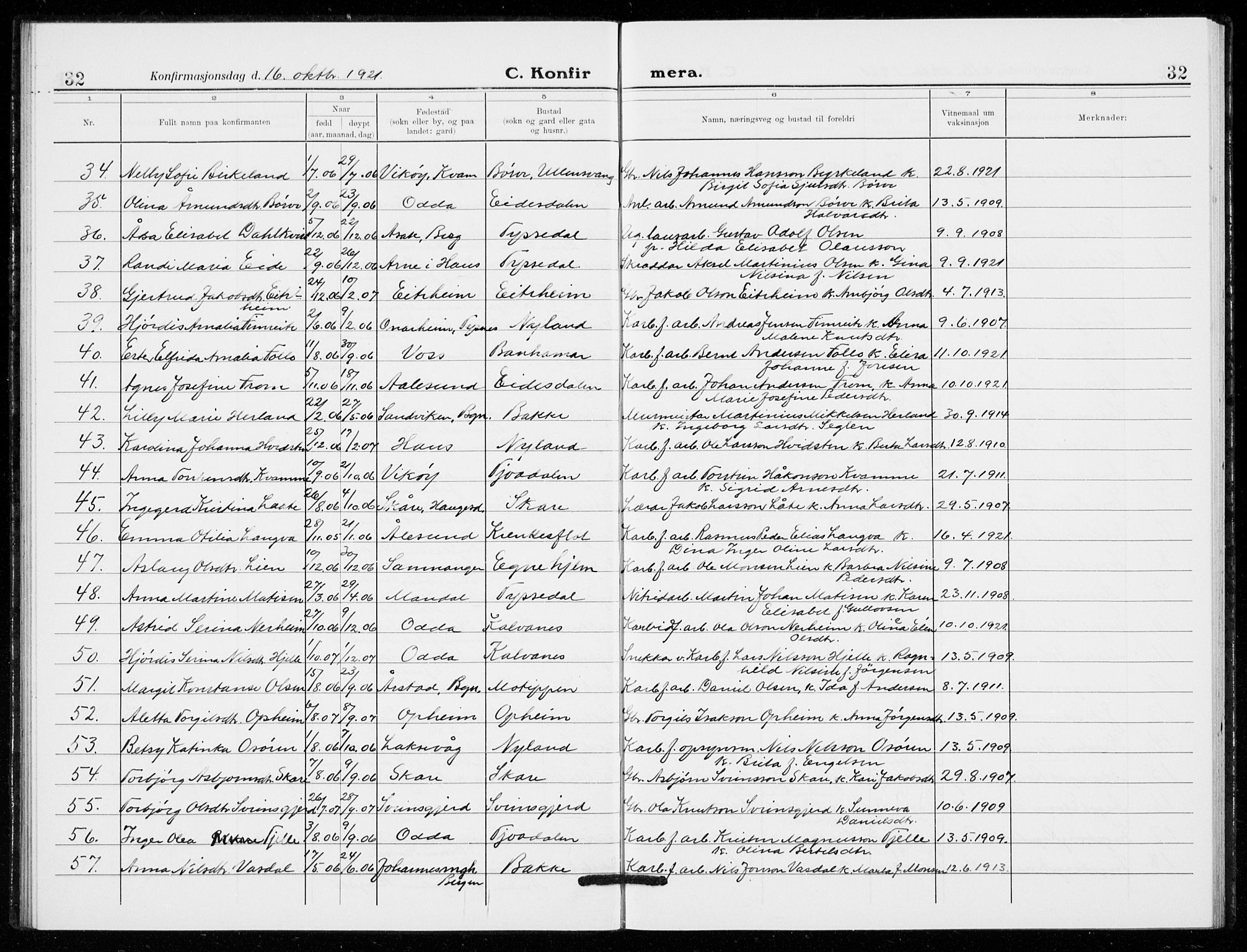 Odda Sokneprestembete, SAB/A-77201/H/Hab: Parish register (copy) no. C  1, 1913-1934, p. 32