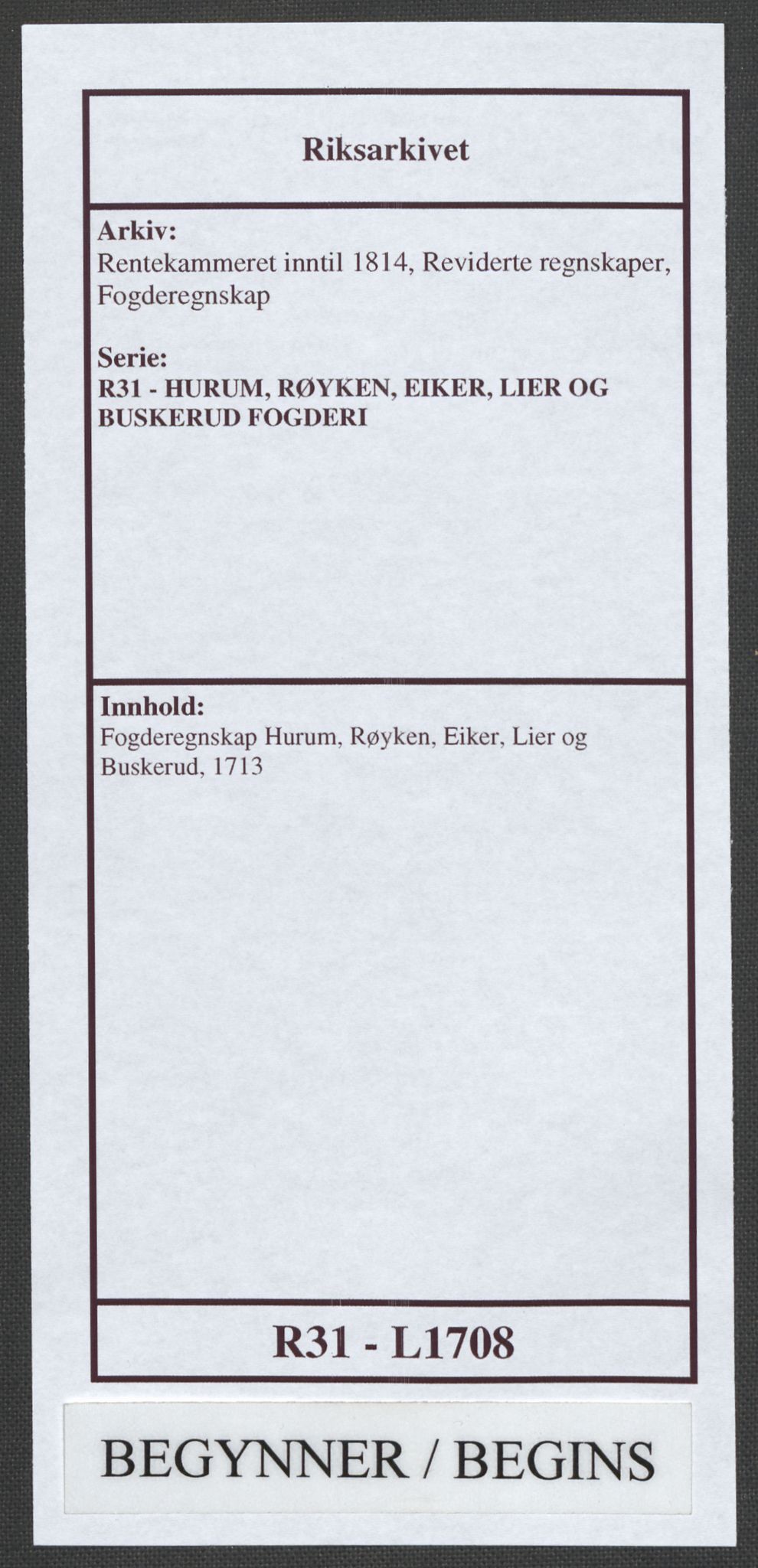 Rentekammeret inntil 1814, Reviderte regnskaper, Fogderegnskap, RA/EA-4092/R31/L1708: Fogderegnskap Hurum, Røyken, Eiker, Lier og Buskerud, 1713, p. 1