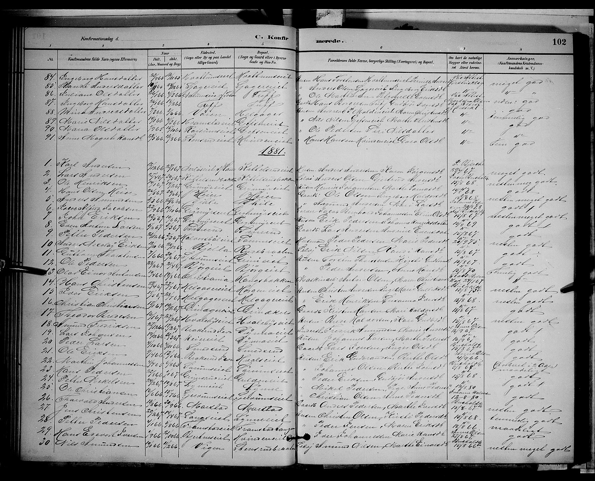 Gran prestekontor, SAH/PREST-112/H/Ha/Hab/L0002: Parish register (copy) no. 2, 1879-1892, p. 102