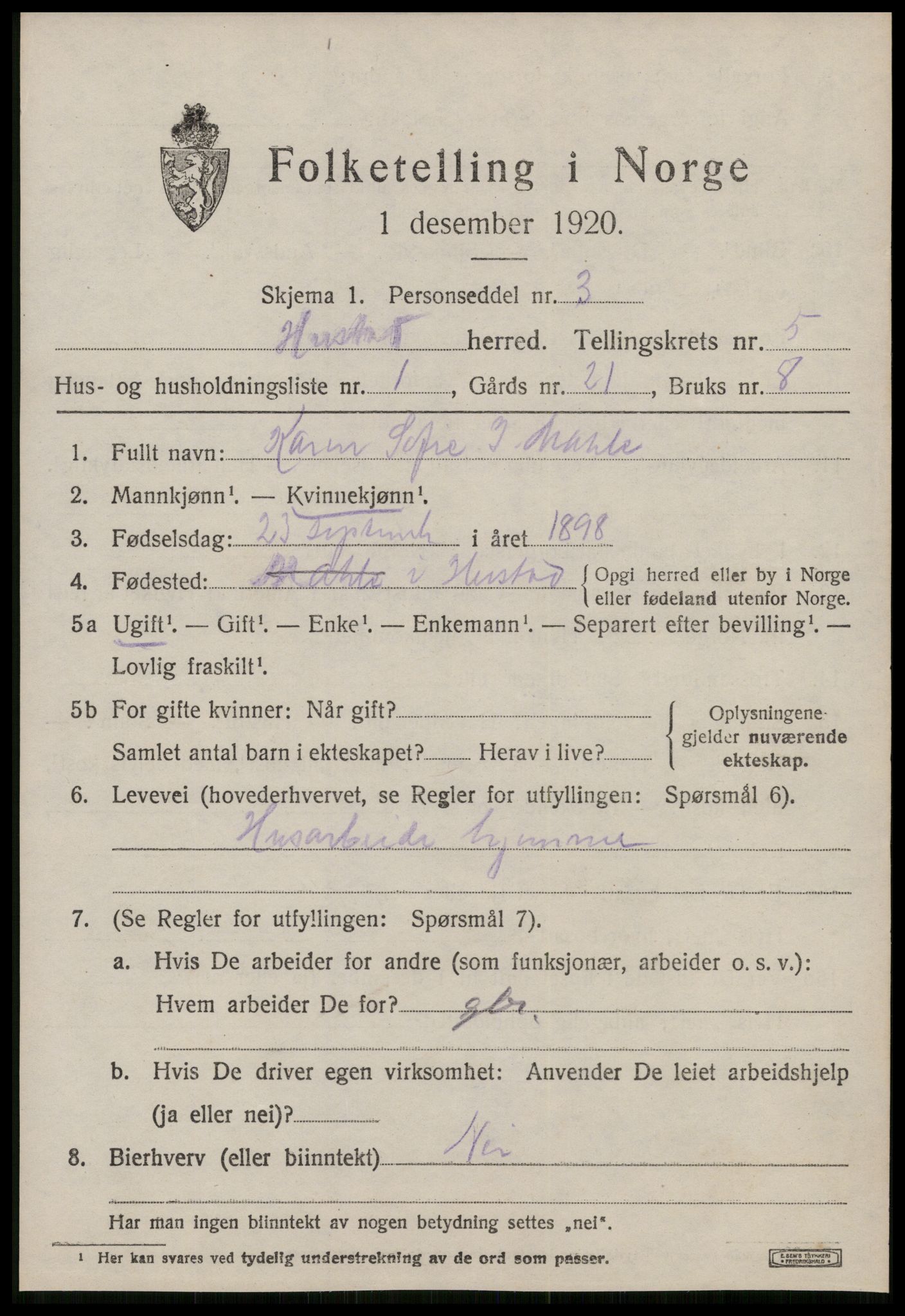 SAT, 1920 census for Hustad, 1920, p. 3593