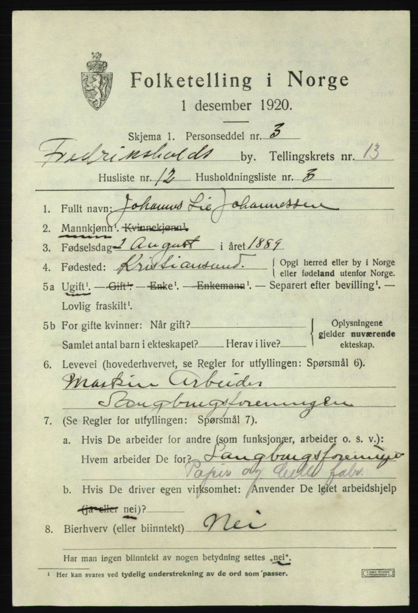 SAO, 1920 census for Fredrikshald, 1920, p. 20884