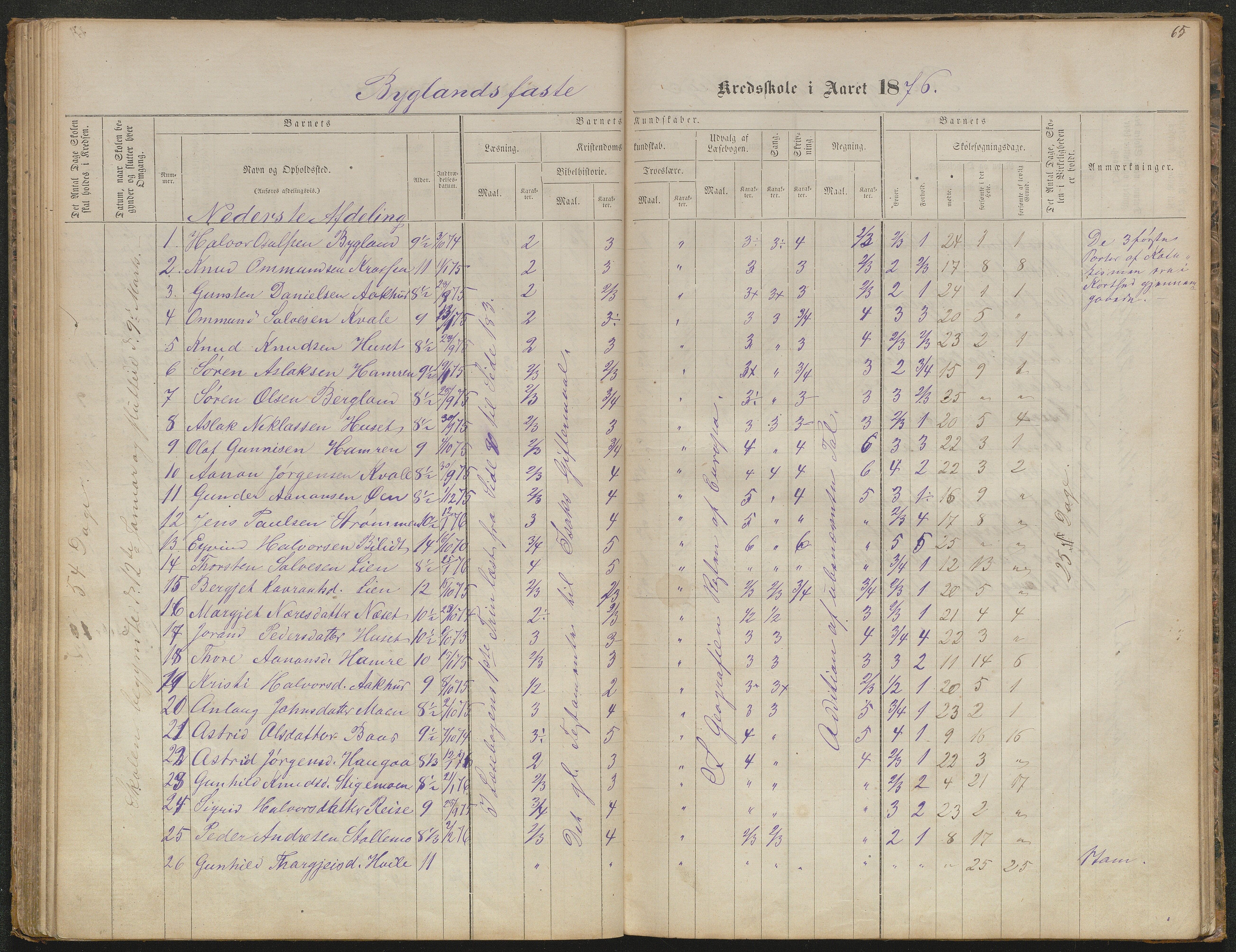 Bygland kommune, Skulekrinsar i Midt-Bygland, AAKS/KA0938-550b/F5/L0001: Skuleprotokoll Bygland, 1863-1882, p. 65