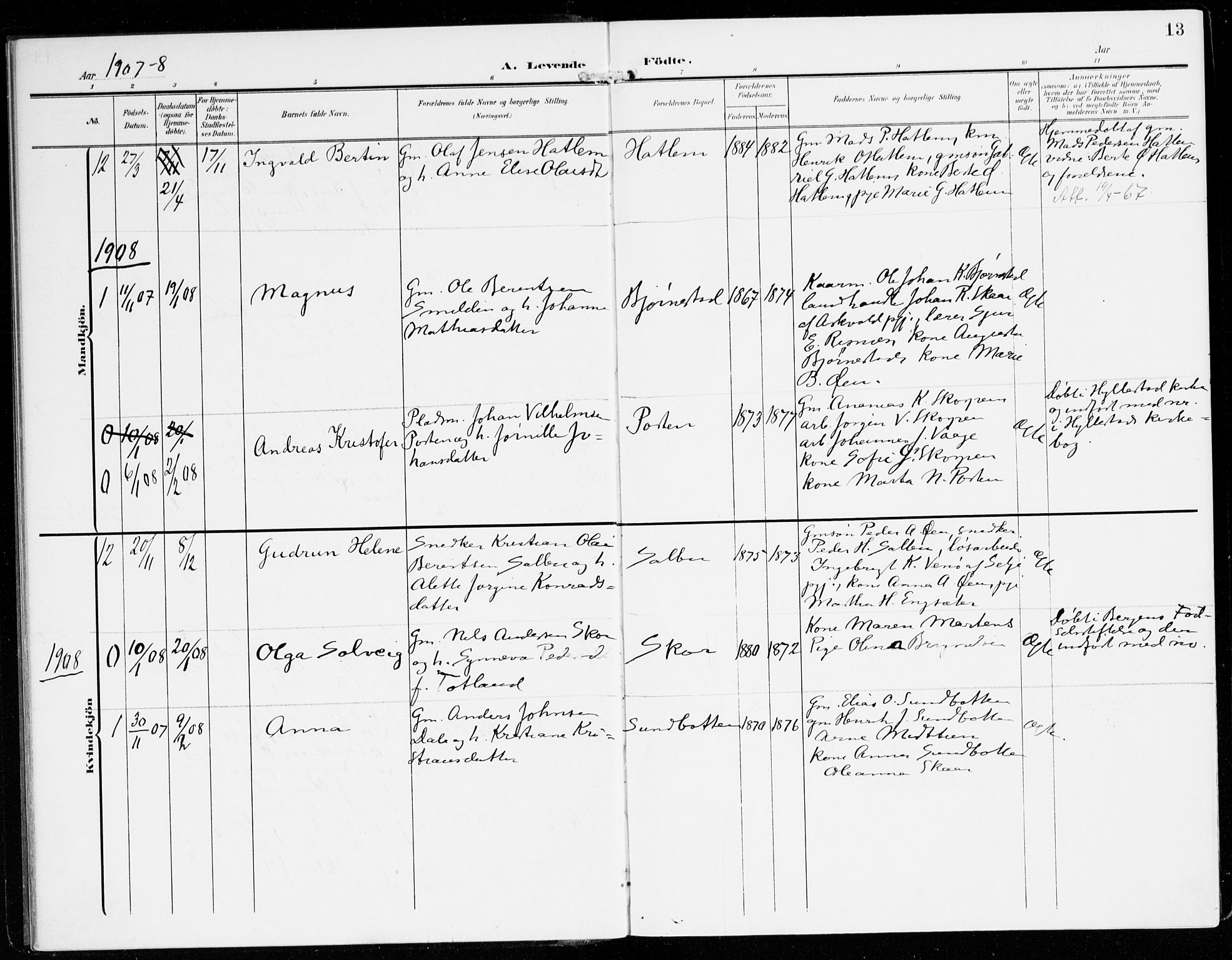 Hyllestad sokneprestembete, SAB/A-80401: Parish register (official) no. D 2, 1905-1919, p. 13