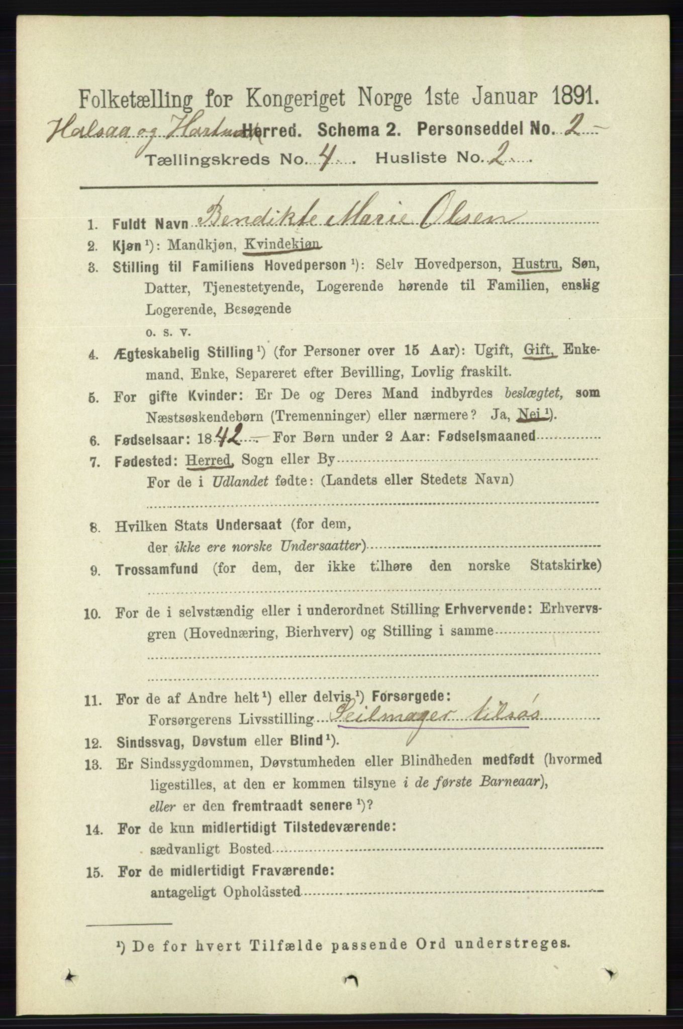 RA, 1891 census for 1019 Halse og Harkmark, 1891, p. 1499