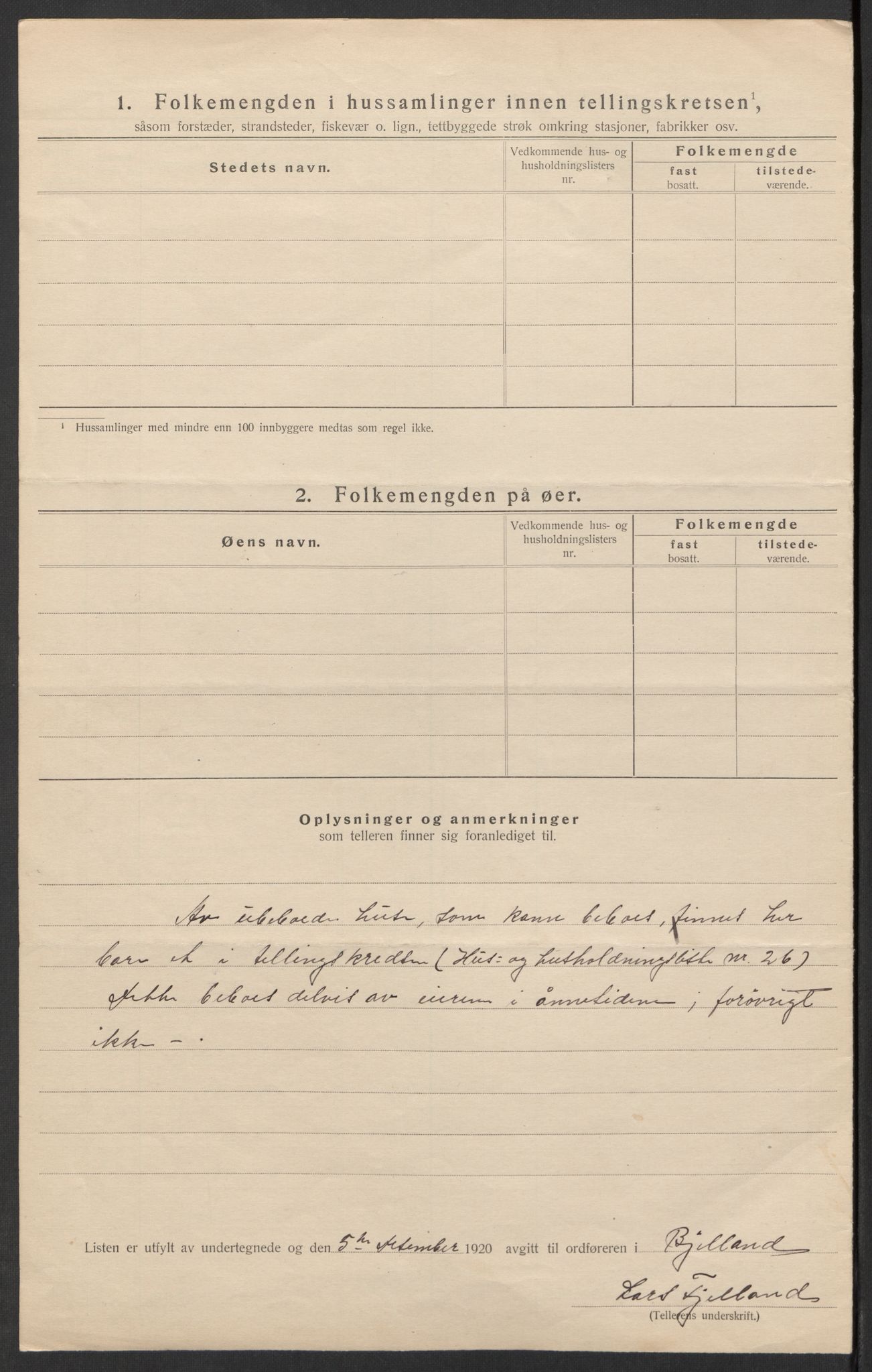 SAK, 1920 census for Bjelland, 1920, p. 22