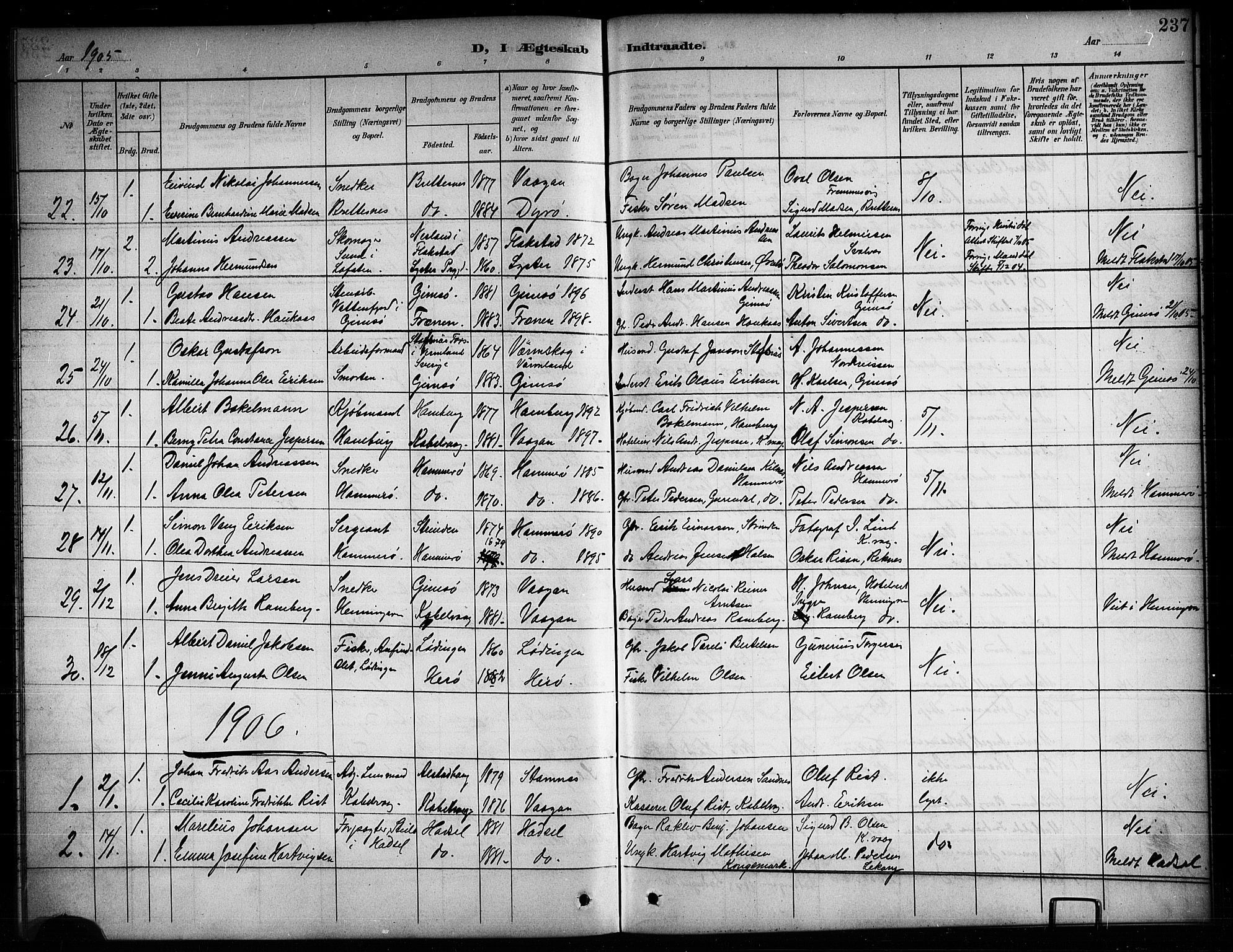 Ministerialprotokoller, klokkerbøker og fødselsregistre - Nordland, SAT/A-1459/874/L1078: Parish register (copy) no. 874C07, 1900-1907, p. 237
