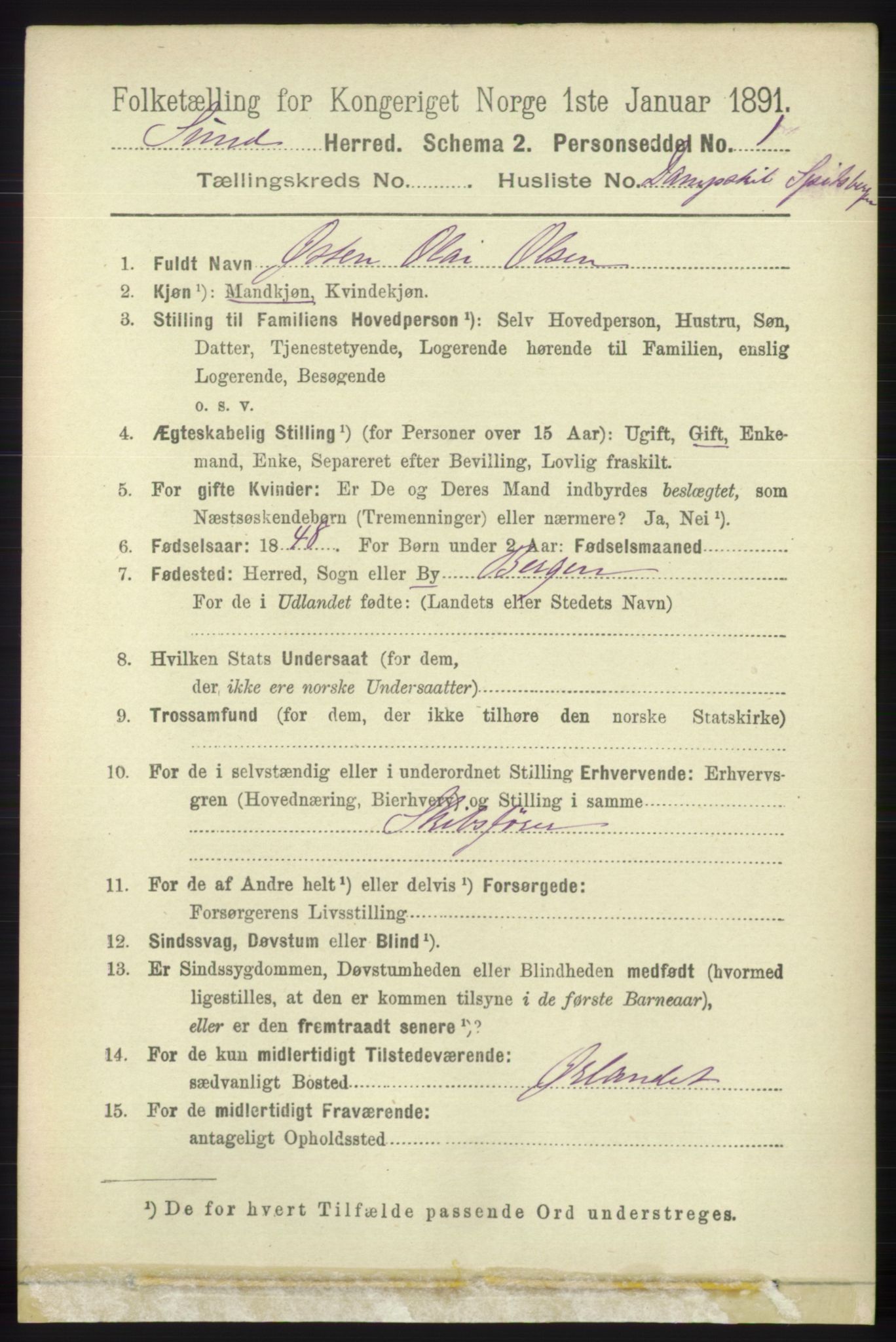 RA, 1891 census for 1245 Sund, 1891, p. 2634