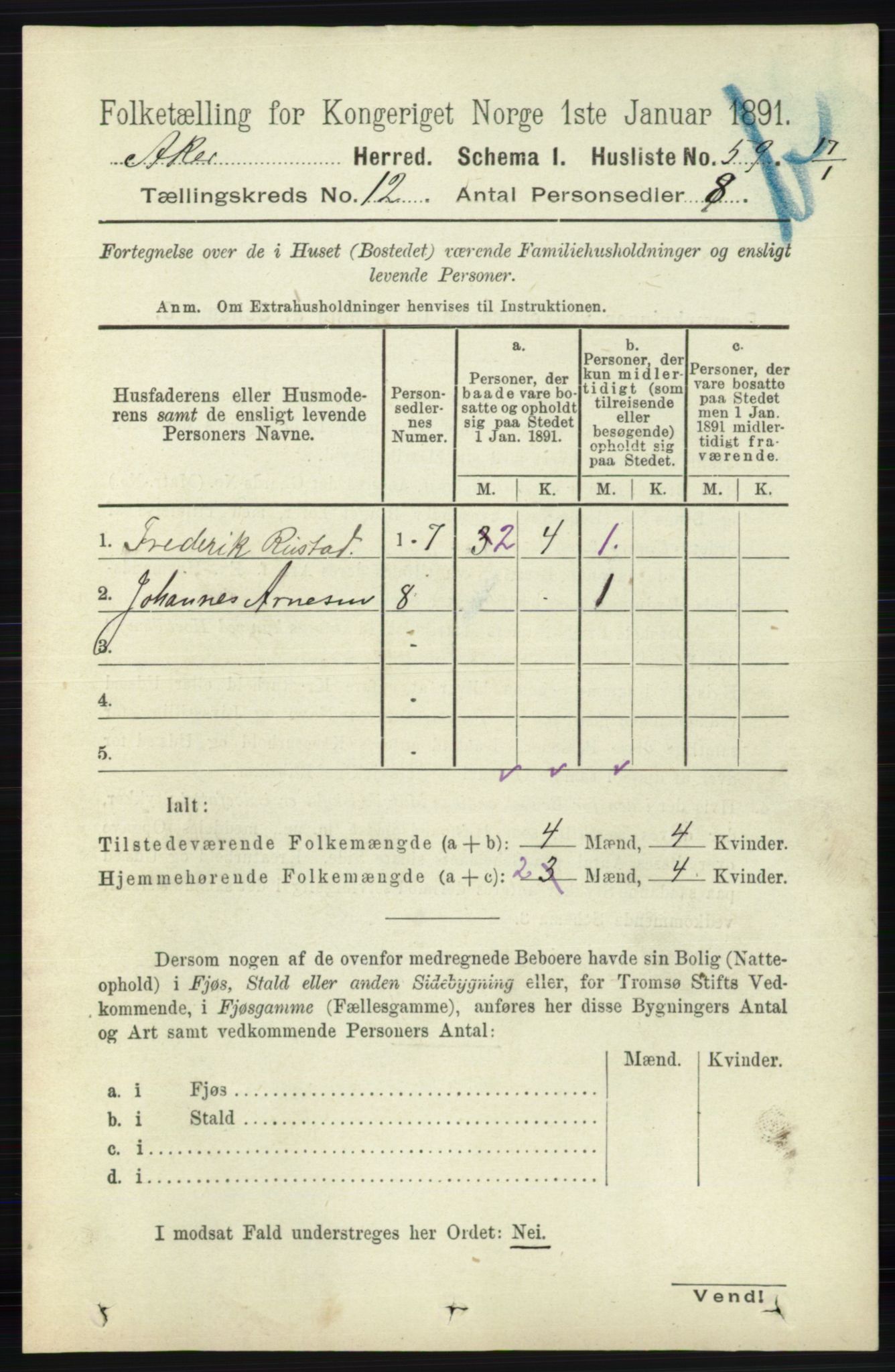 RA, 1891 census for 0218 Aker, 1891, p. 11393