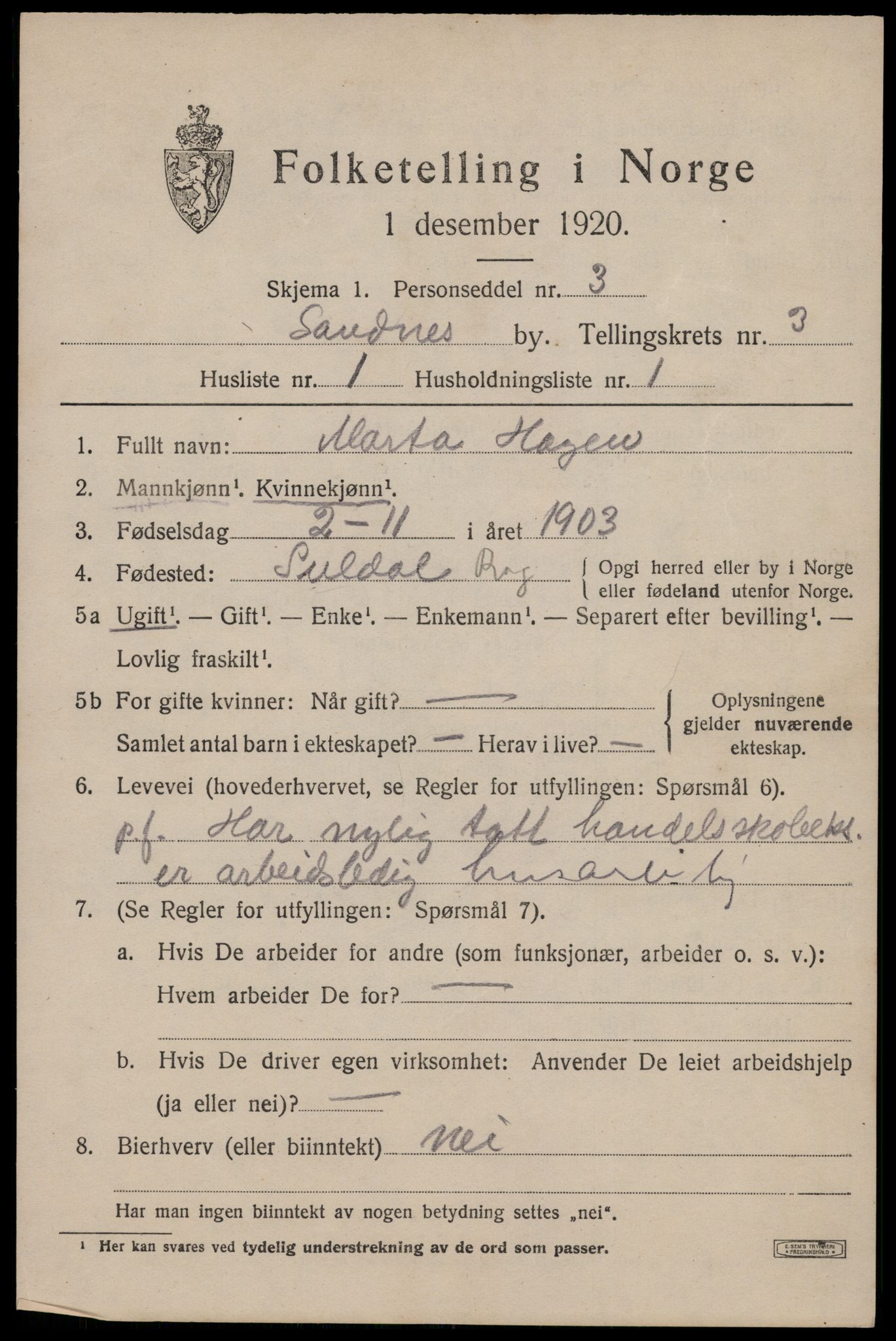 SAST, 1920 census for Sandnes, 1920, p. 3660