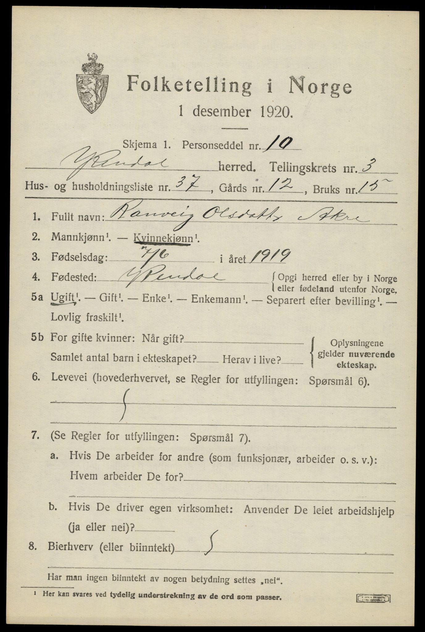 SAH, 1920 census for Ytre Rendal, 1920, p. 2041