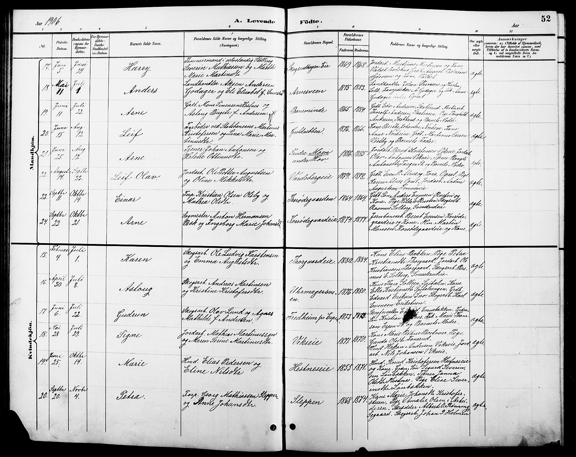 Stange prestekontor, AV/SAH-PREST-002/L/L0011: Parish register (copy) no. 11, 1895-1917, p. 52