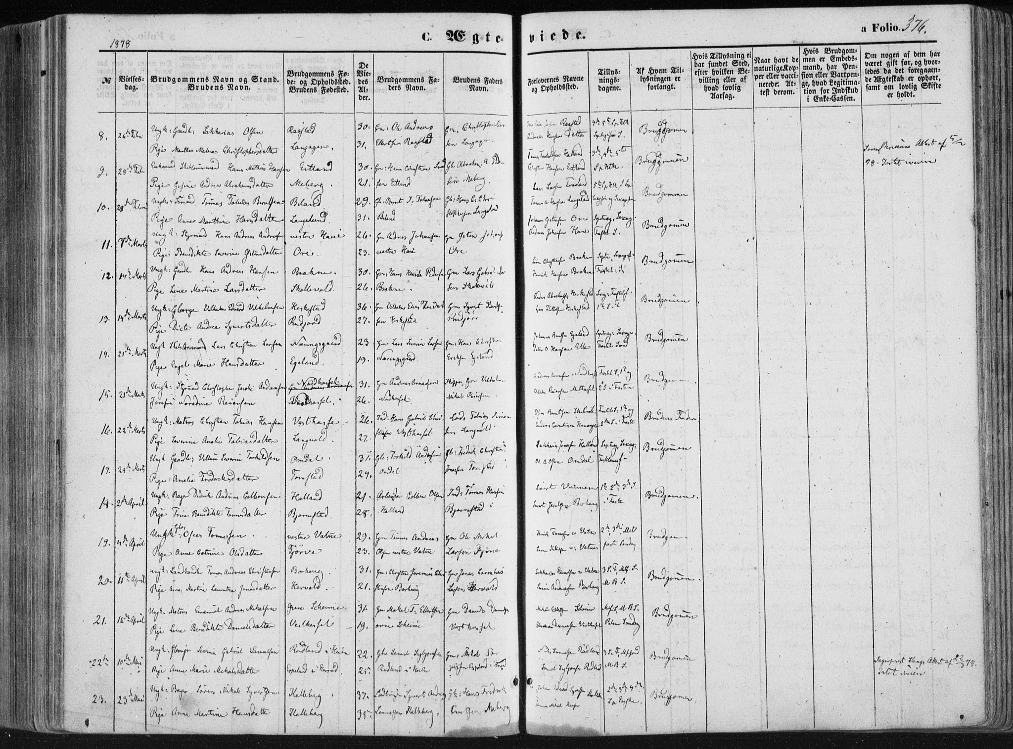 Lista sokneprestkontor, AV/SAK-1111-0027/F/Fa/L0011: Parish register (official) no. A 11, 1861-1878, p. 376