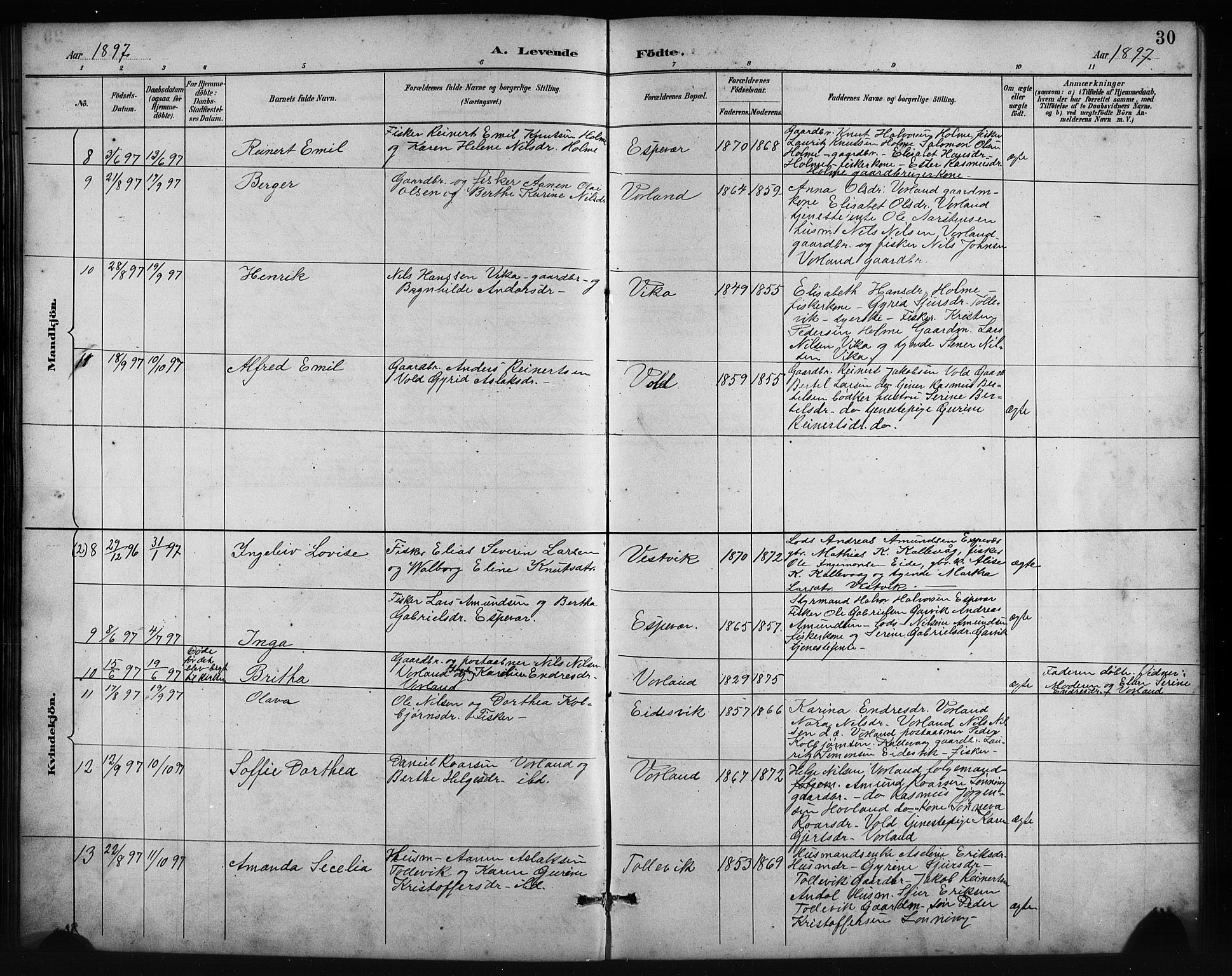 Finnås sokneprestembete, AV/SAB-A-99925/H/Ha/Hab/Habc/L0002: Parish register (copy) no. C 2, 1887-1906, p. 30