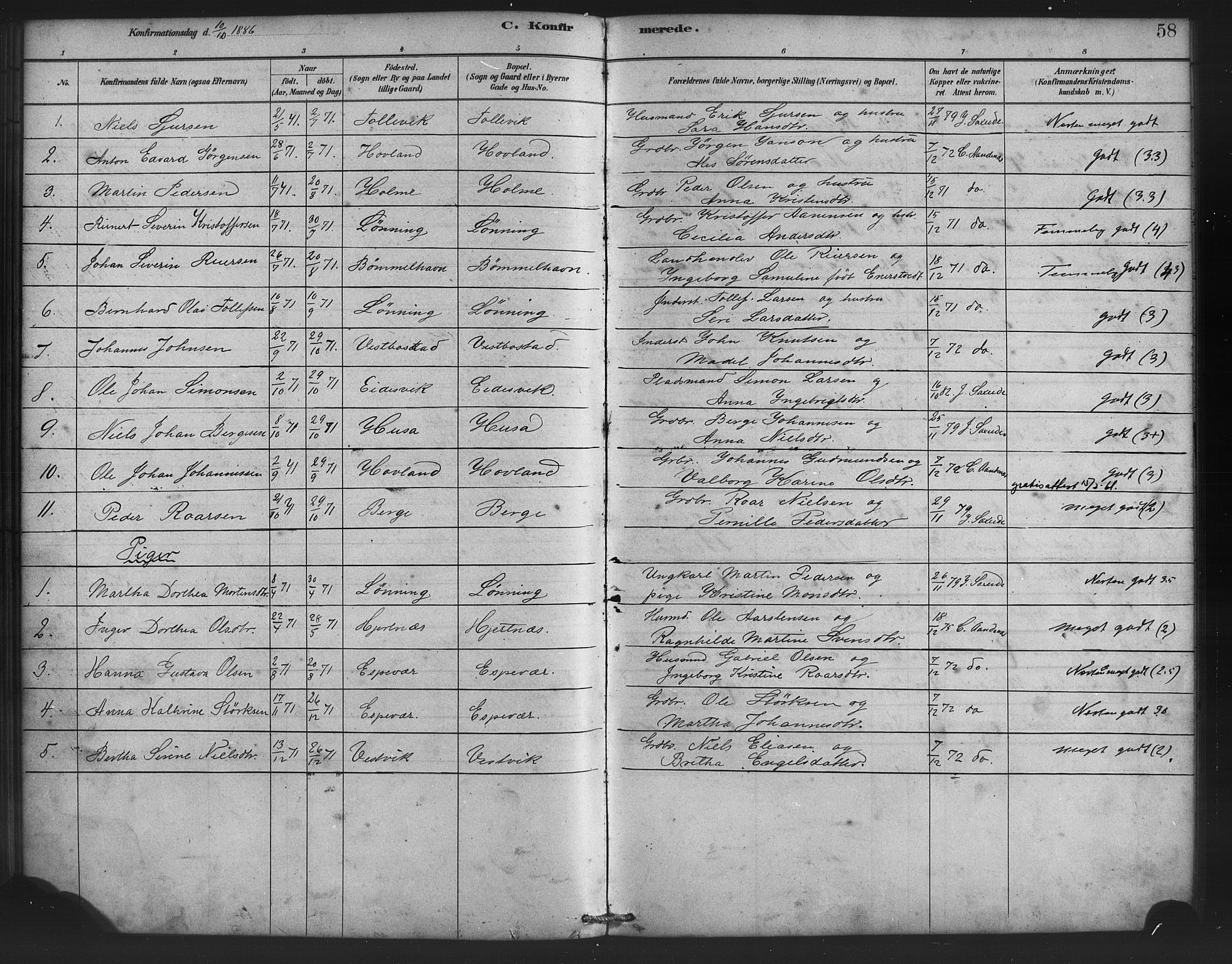 Finnås sokneprestembete, AV/SAB-A-99925/H/Ha/Haa/Haad/L0001: Parish register (official) no. D 1, 1880-1894, p. 58