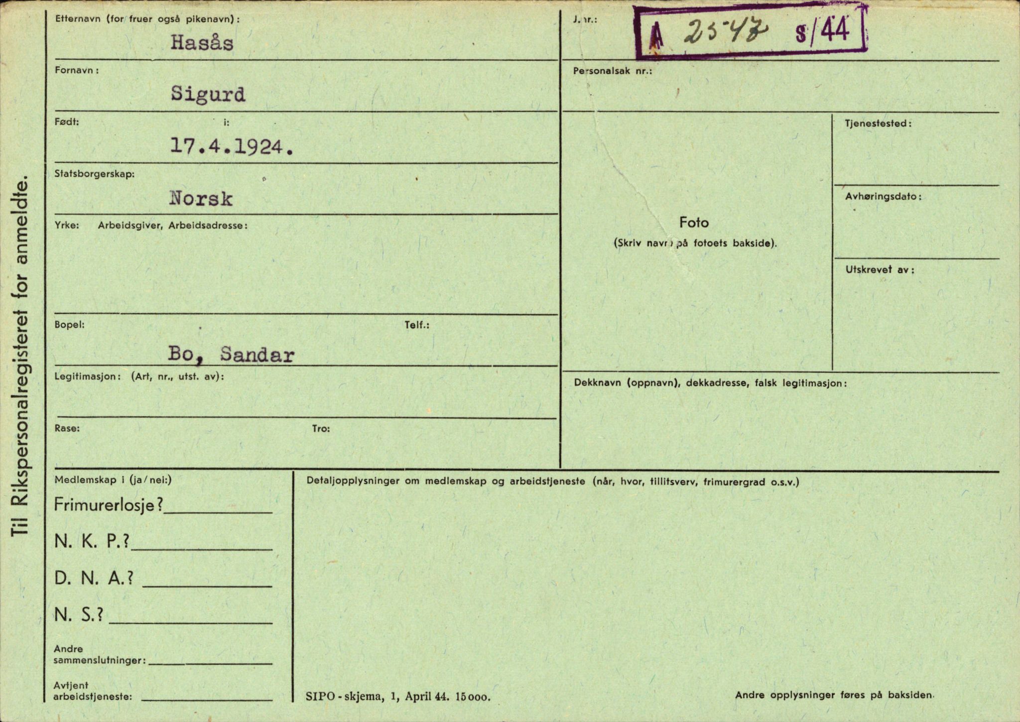 Statspolitiet - Hovedkontoret / Osloavdelingen, AV/RA-S-1329/C/Ca/L0006: Hanche - Hokstvedt, 1943-1945, p. 1976